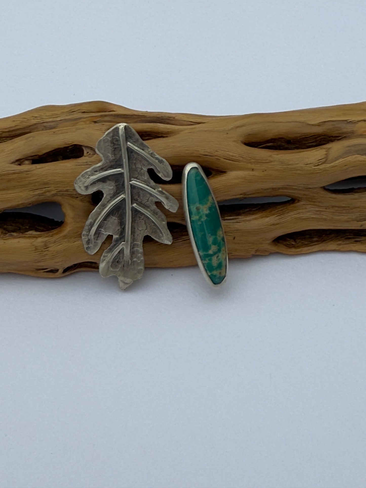 Earth + Sky Post Earrings: Sterling Silver White Oak Leaf & Turquoise