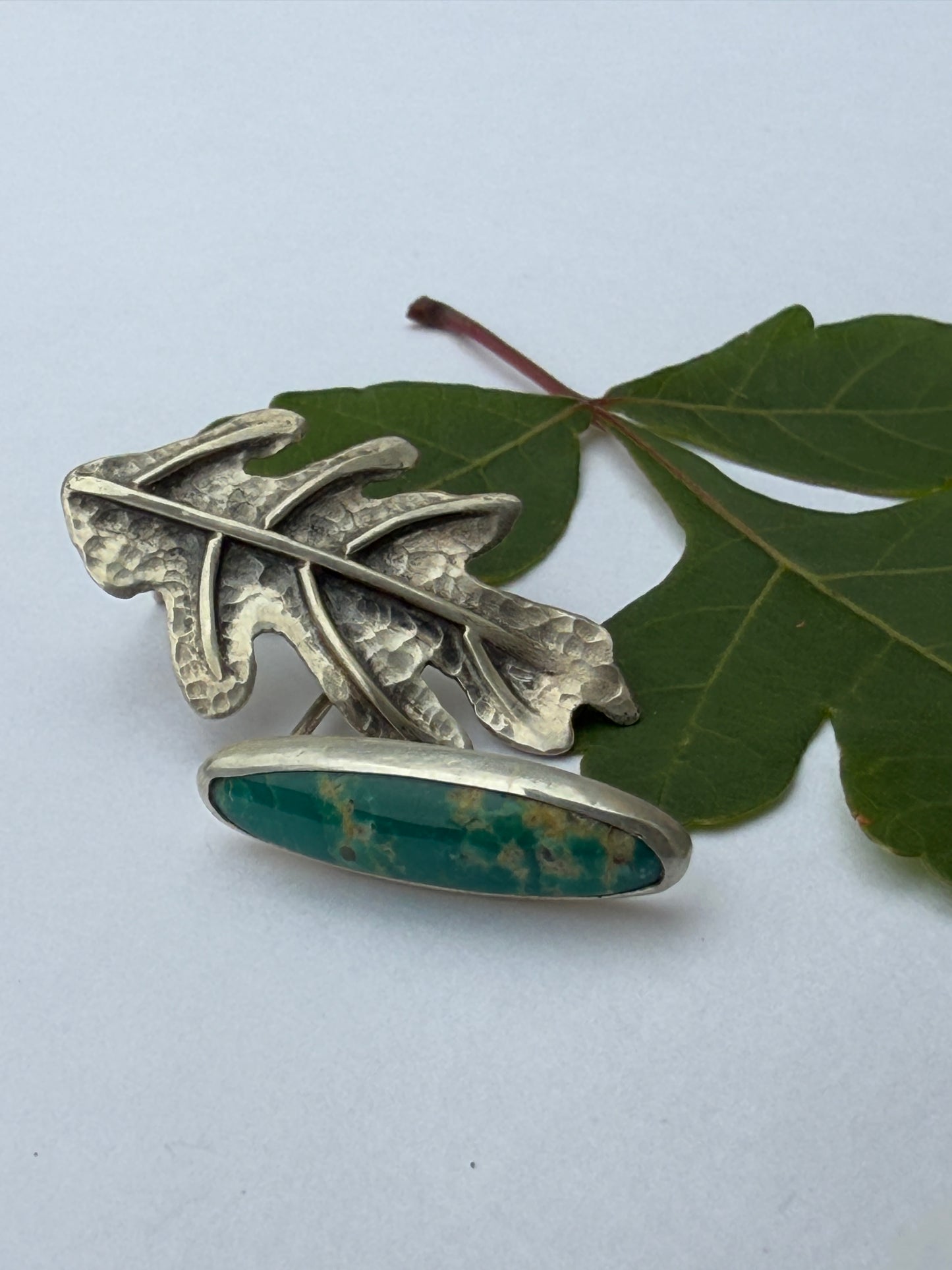 Earth + Sky Post Earrings: Sterling Silver White Oak Leaf & Turquoise