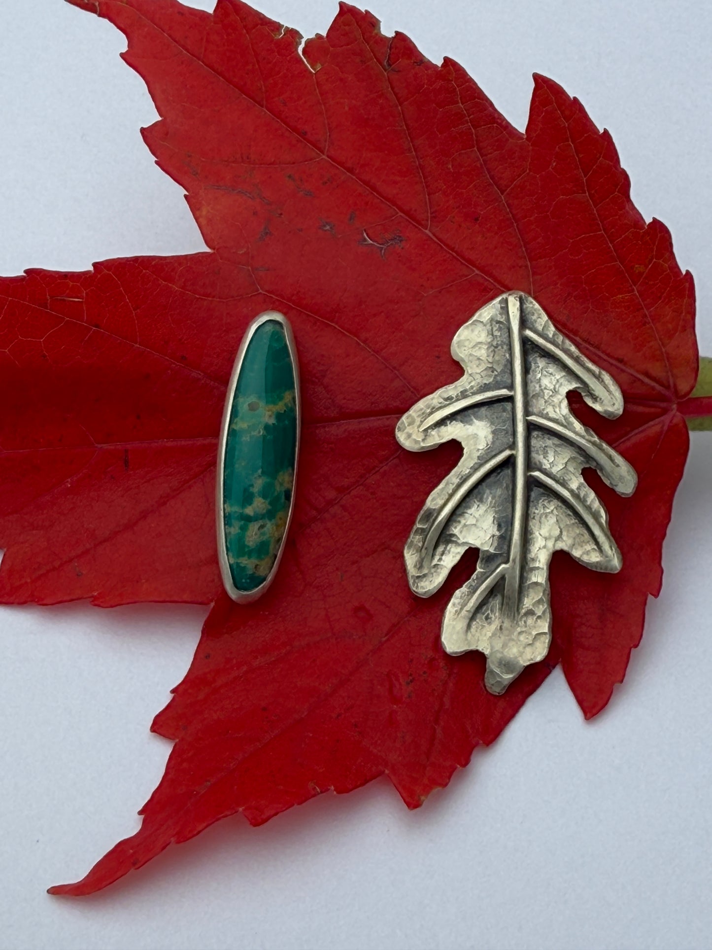 Earth + Sky Post Earrings: Sterling Silver White Oak Leaf & Turquoise