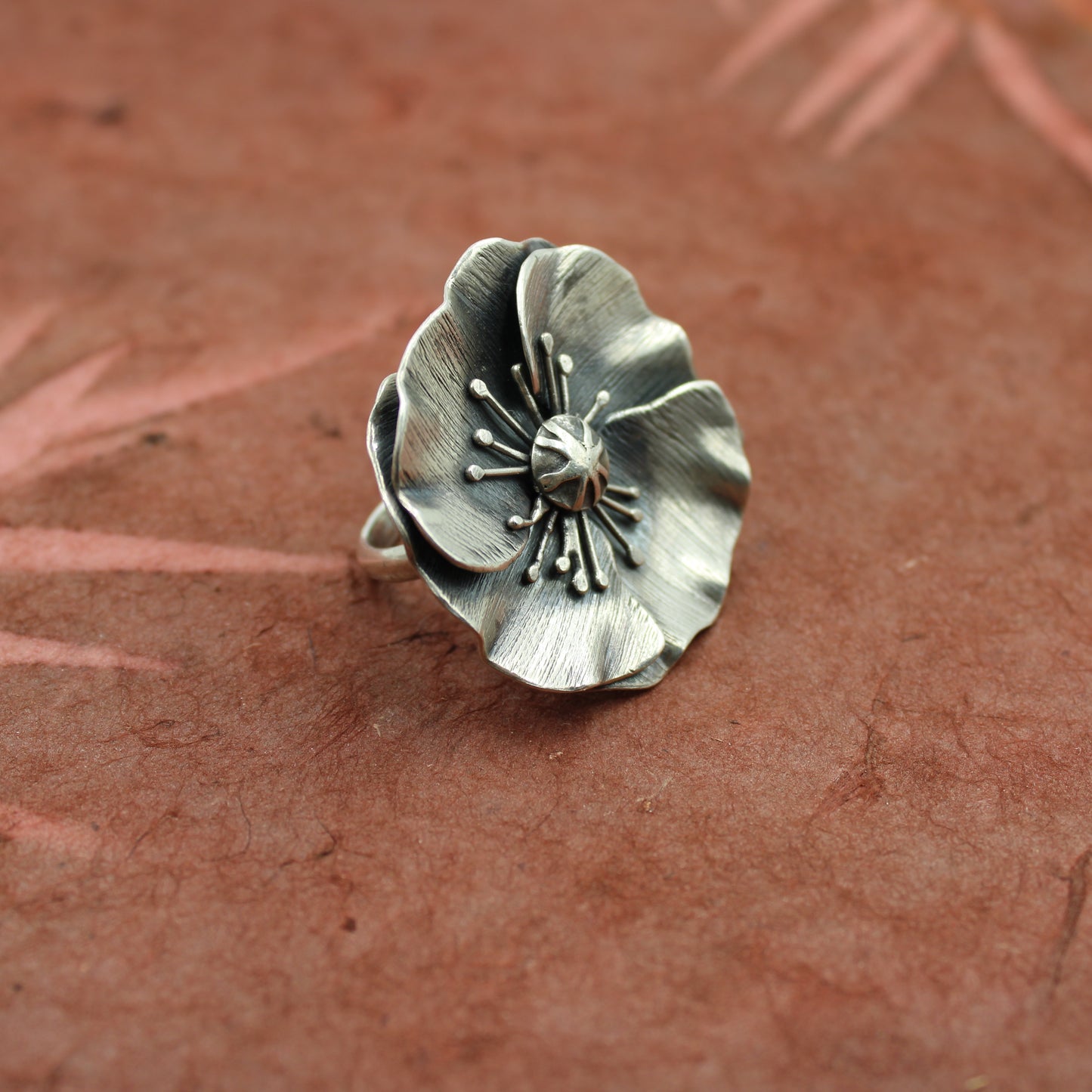 Poppy Meadow Ring: Sterling Silver Poppy Flower - size 6.5