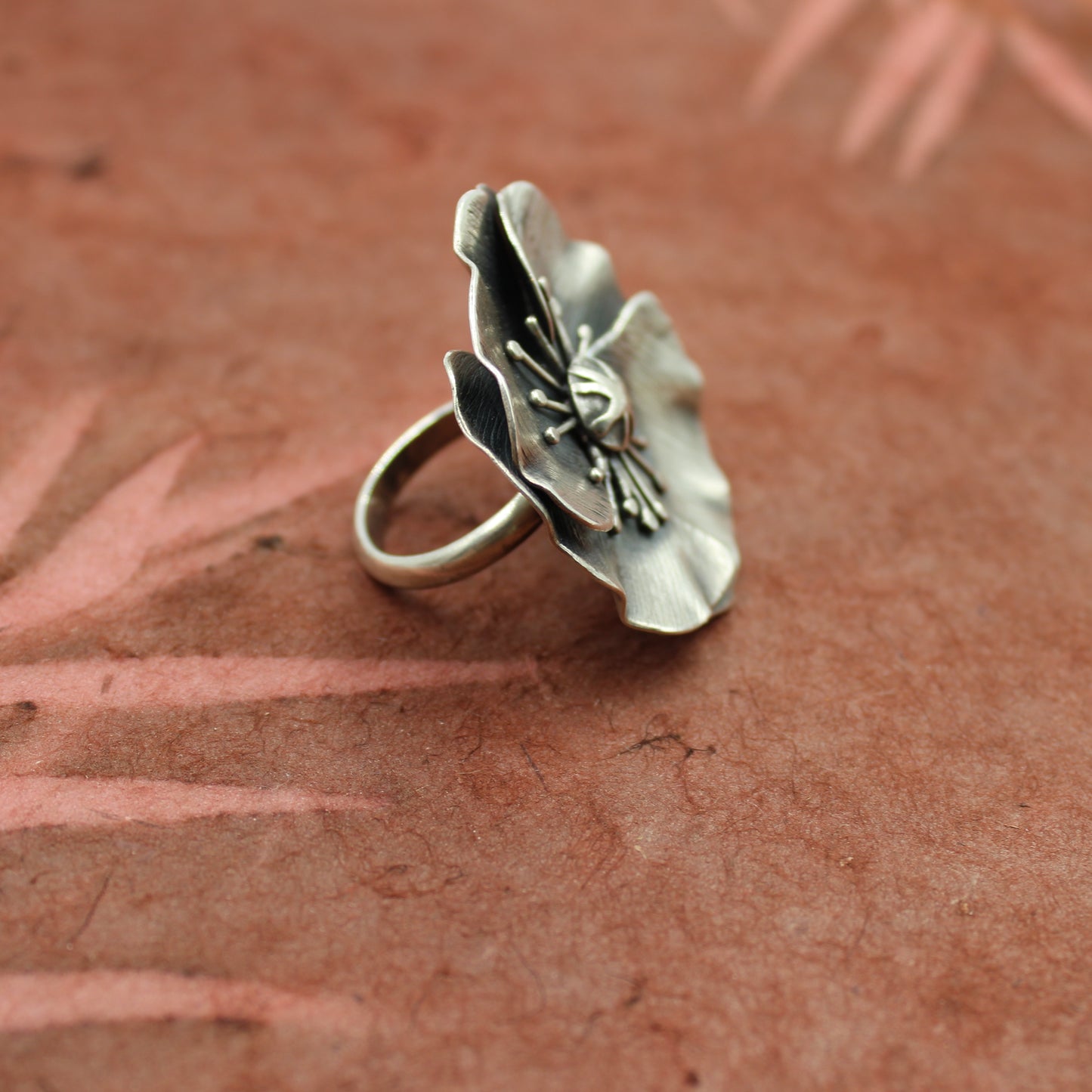 Poppy Meadow Ring: Sterling Silver Poppy Flower - size 6.5