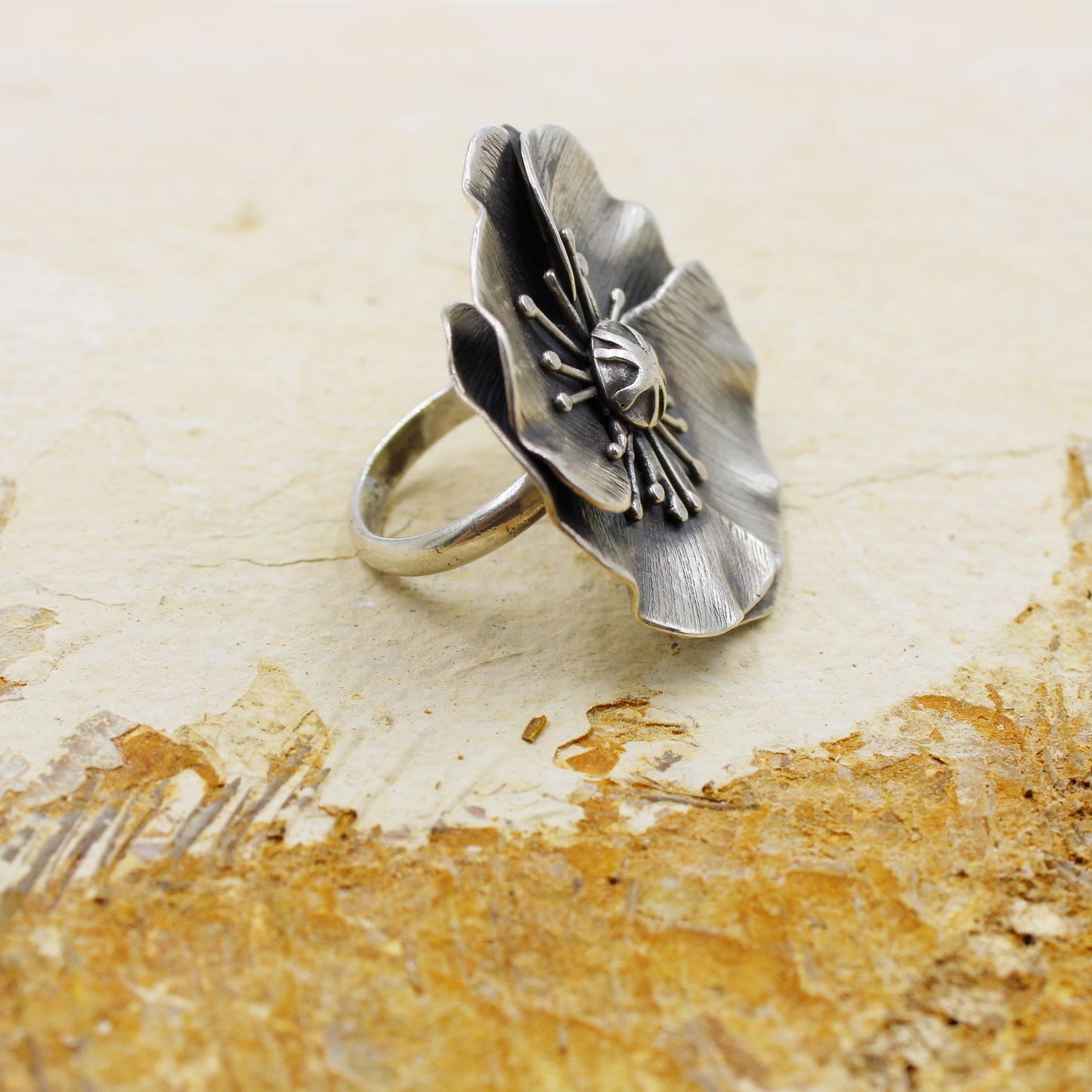 Poppy Meadow Ring: Sterling Silver Poppy Flower - size 6.5
