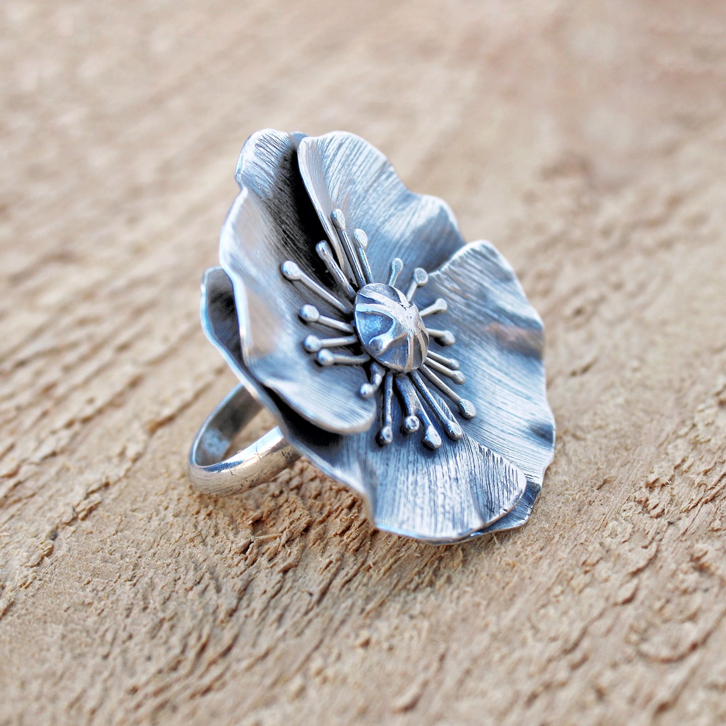 Poppy Meadow Ring: Sterling Silver Poppy Flower - size 6.5