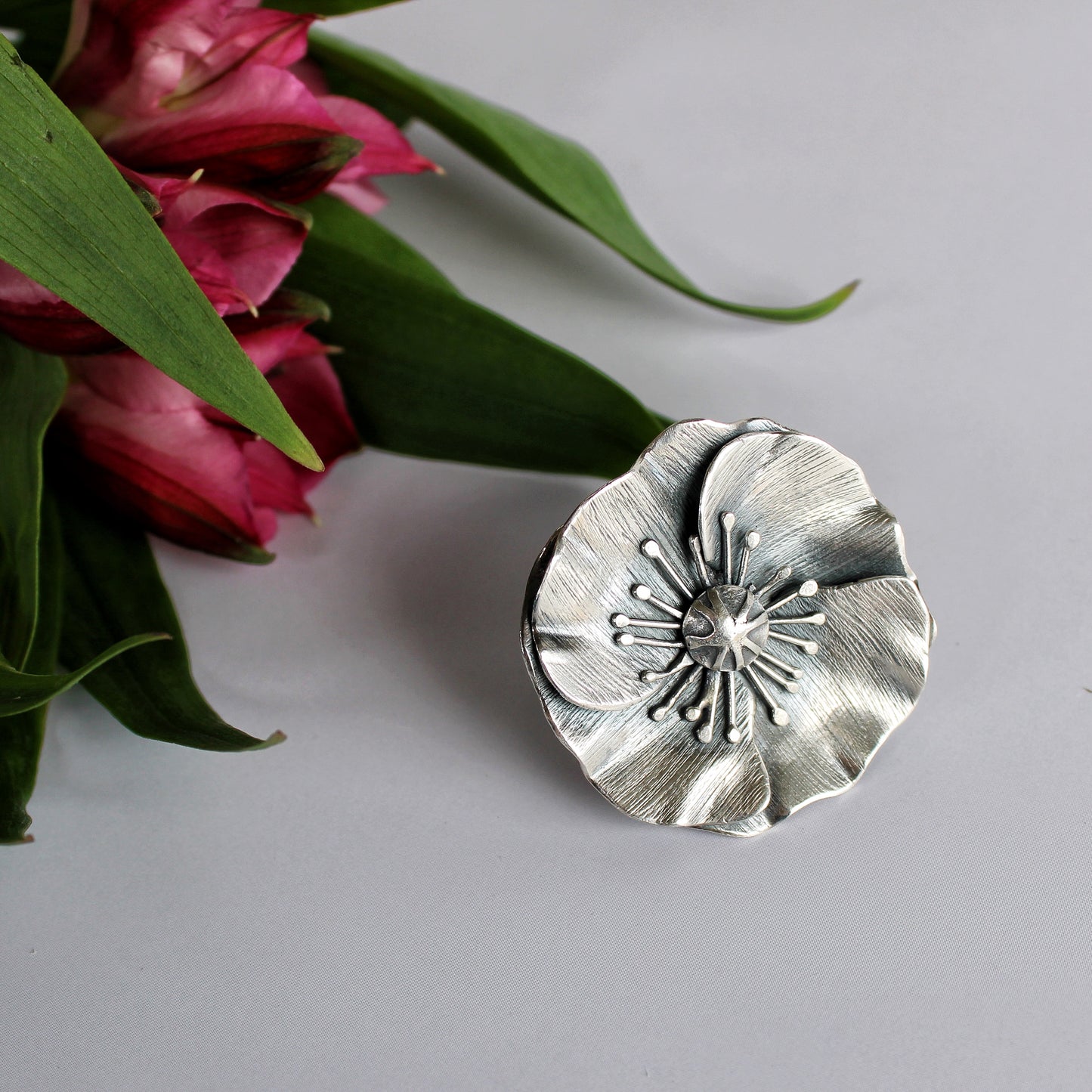 Poppy Meadow Ring: Sterling Silver Poppy Flower - size 6.5