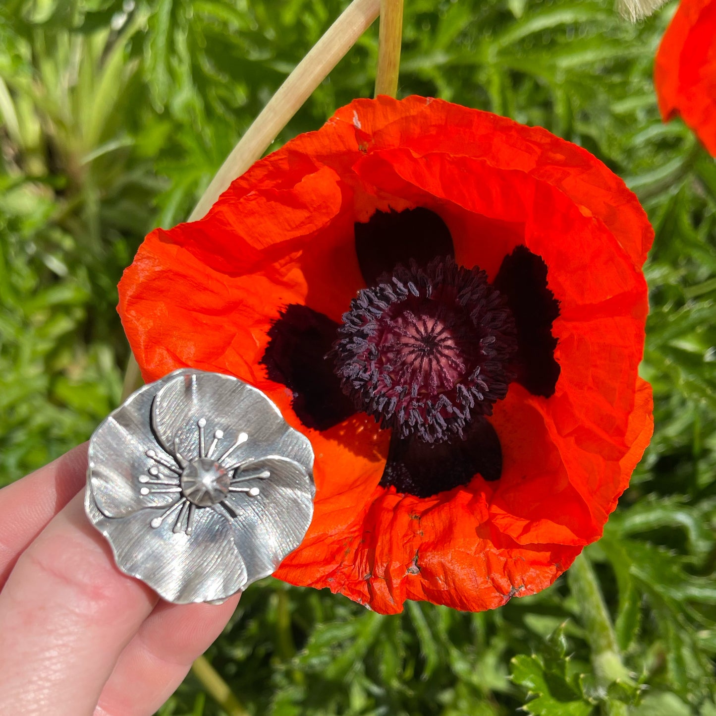 Poppy Meadow Ring: Sterling Silver Poppy Flower - size 6.5