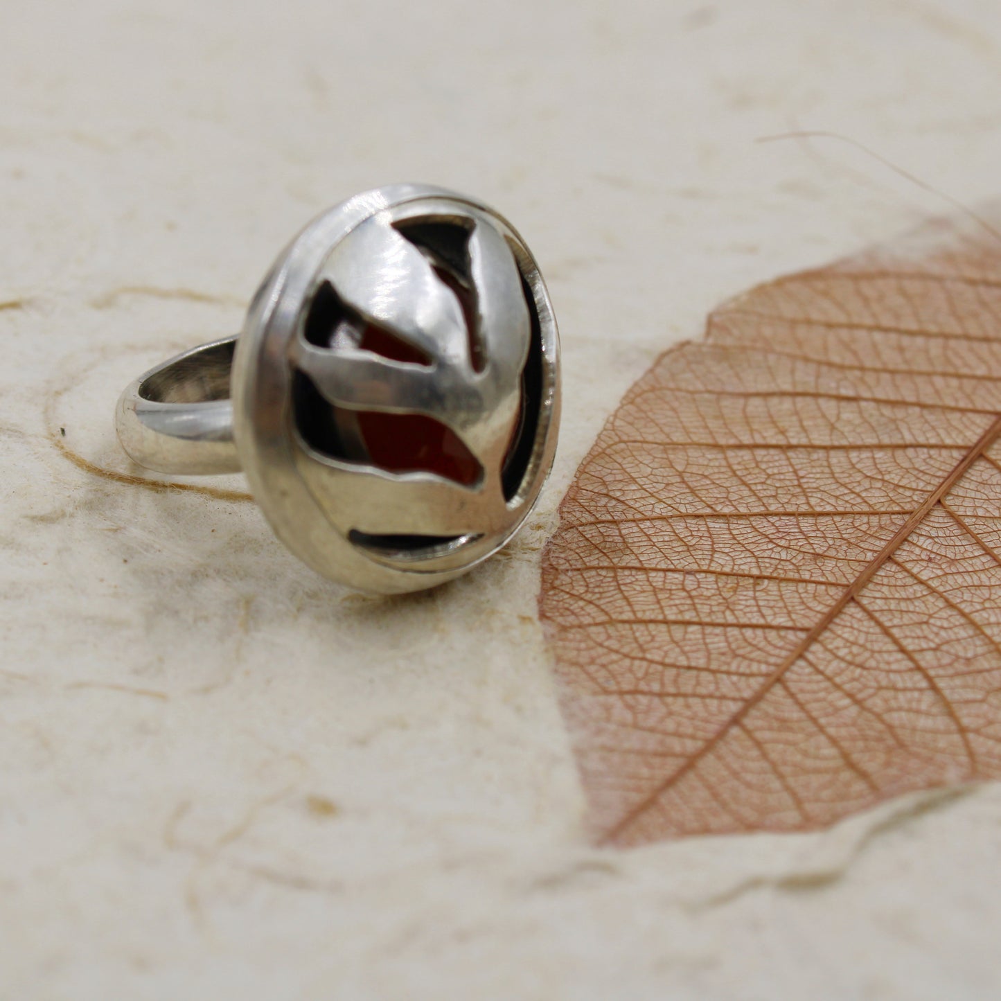 Emberfern Ring: Sterling Silver Fern & Carnelian - size 5.75
