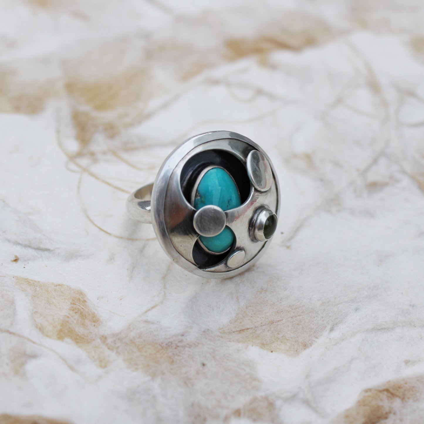 Hidden Oasis Ring: Sterling Silver, Tyrone Turquoise & Peridot - size 6