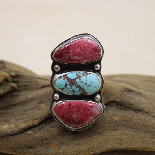 Harmony Ridge Ring: Sterling Silver Bisbee Turquoise & Rhodonite - size 6