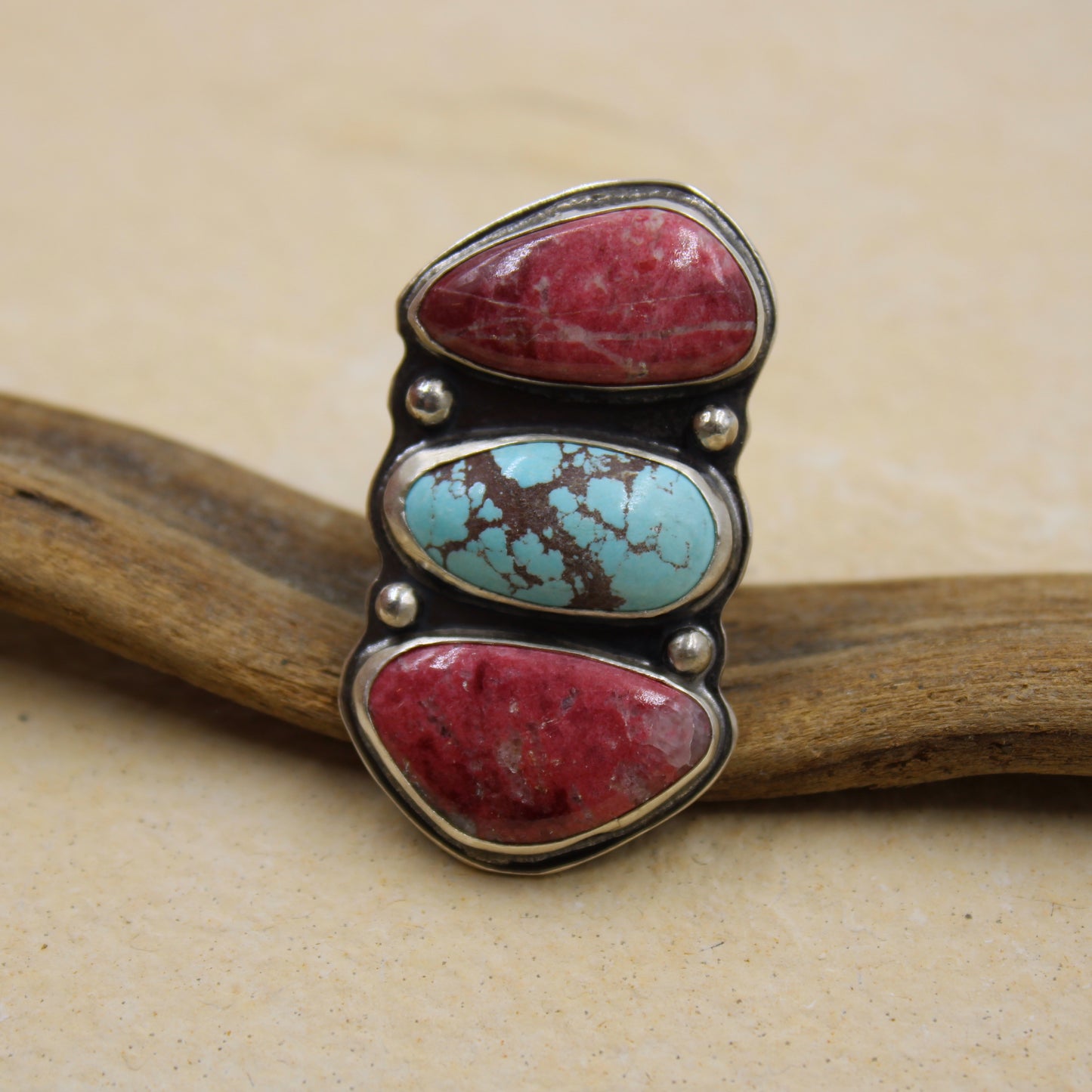 Harmony Ridge Ring: Sterling Silver Bisbee Turquoise & Rhodonite - size 6