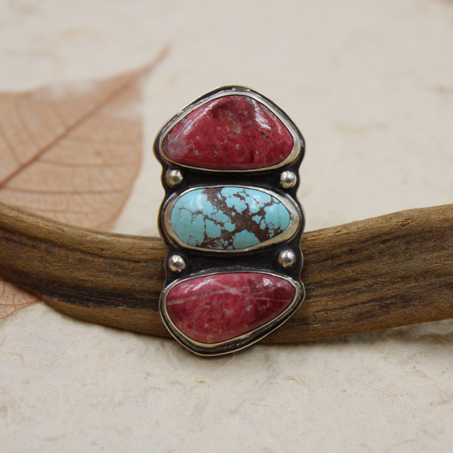 Harmony Ridge Ring: Sterling Silver Bisbee Turquoise & Rhodonite - size 6