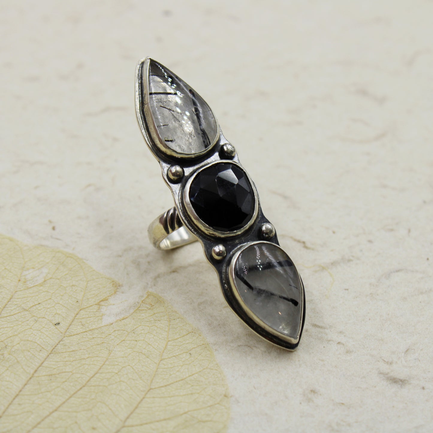 Eclipse Ridge Ring: Black Tourmaline & Quartz & Raw Black Tourmaline - size 6.75