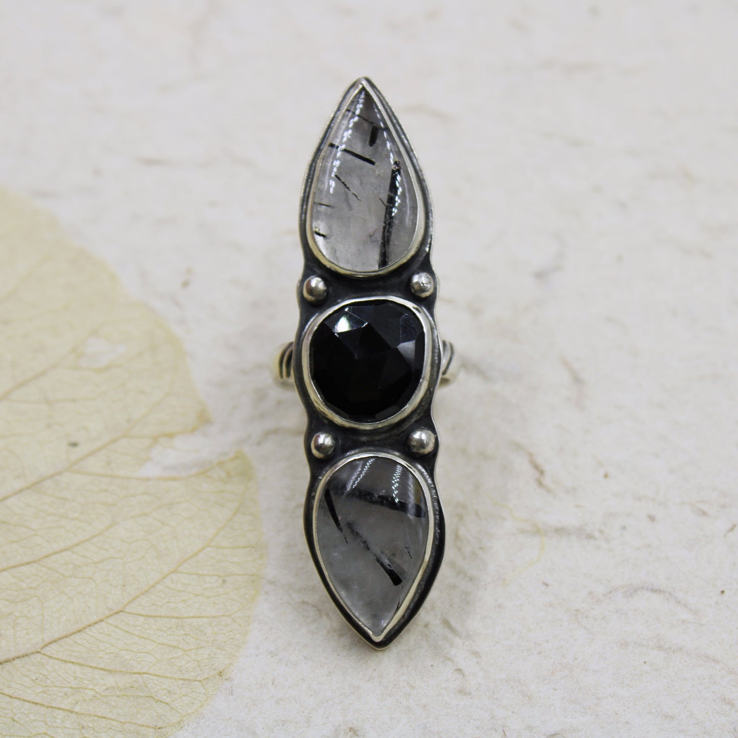 Eclipse Ridge Ring: Black Tourmaline & Quartz & Raw Black Tourmaline - size 6.75