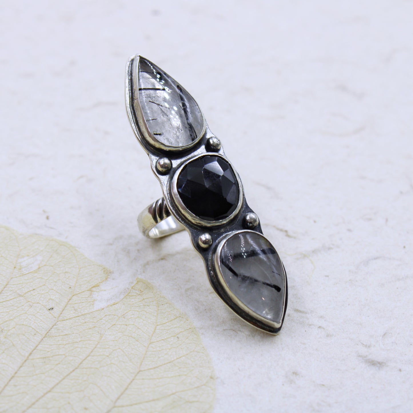 Eclipse Ridge Ring: Black Tourmaline & Quartz & Raw Black Tourmaline - size 6.75
