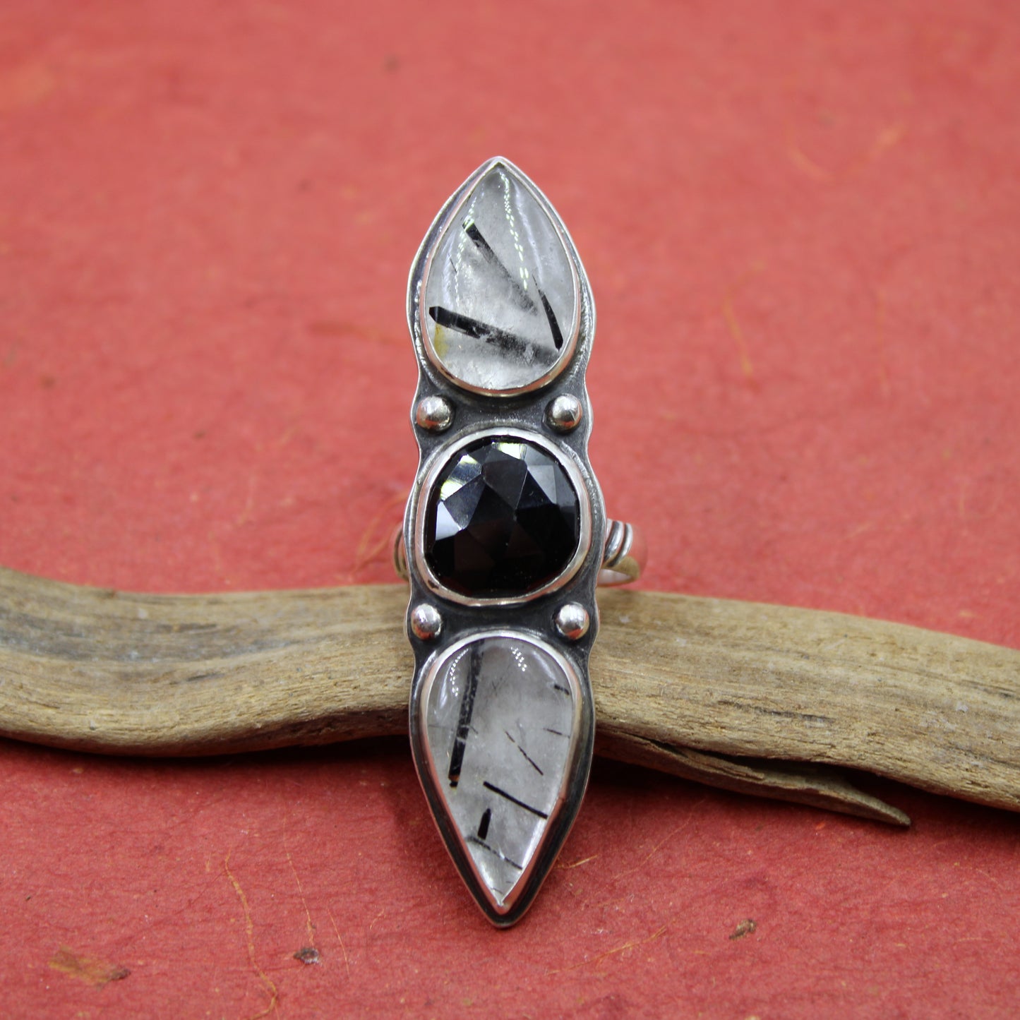 Eclipse Ridge Ring: Black Tourmaline & Quartz & Raw Black Tourmaline - size 6.75