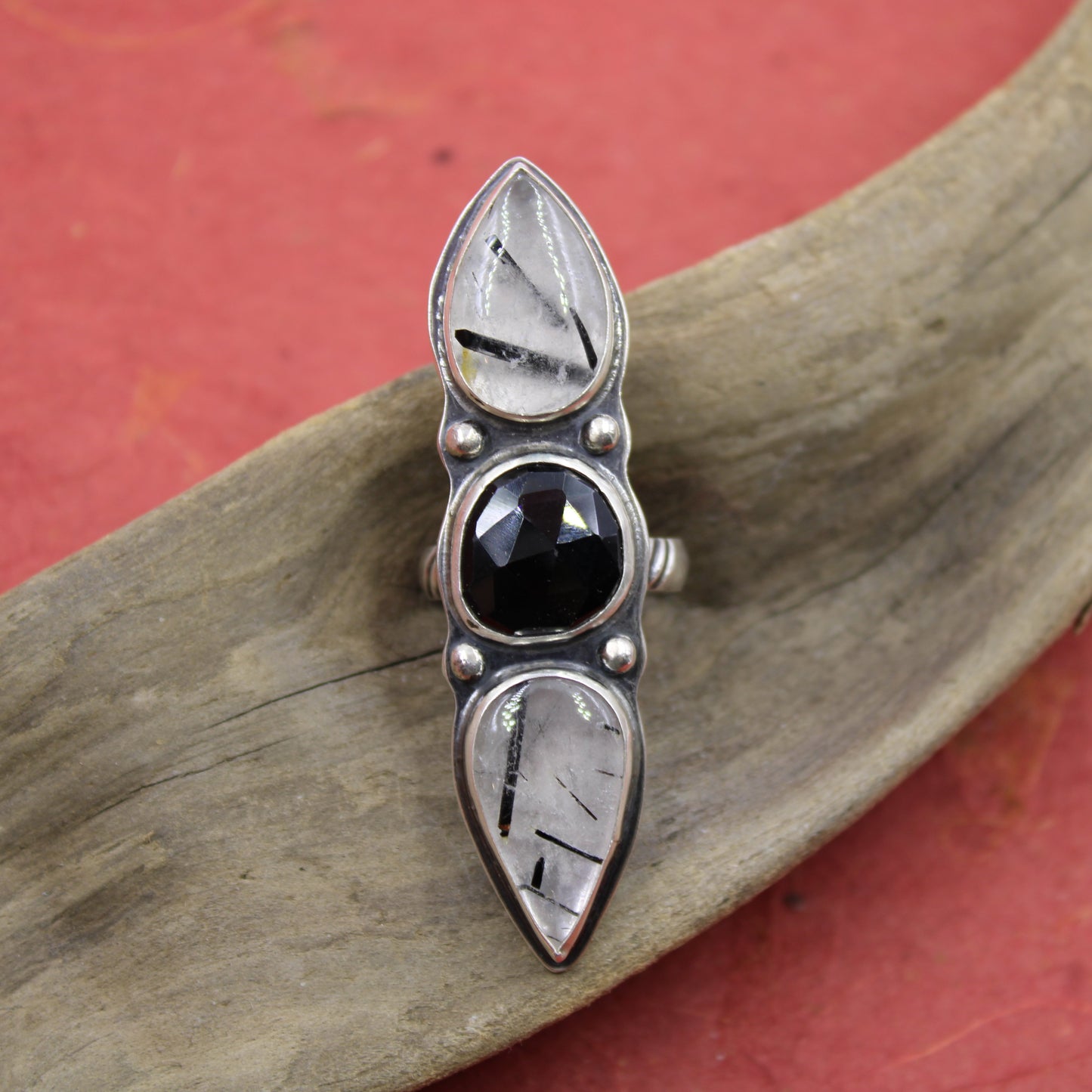 Eclipse Ridge Ring: Black Tourmaline & Quartz & Raw Black Tourmaline - size 6.75