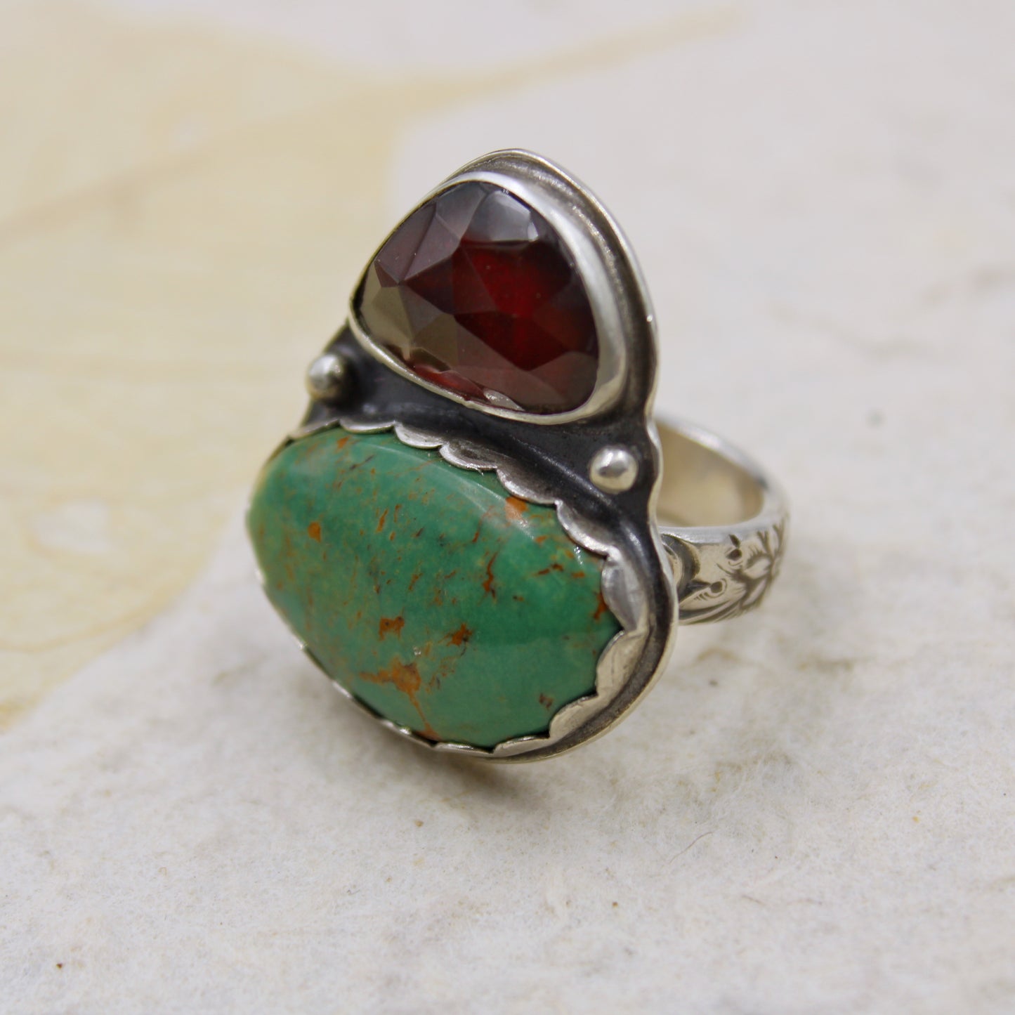 Sunset River Ring: Sterling Silver Hessonite Garnet & Turquoise - size 6