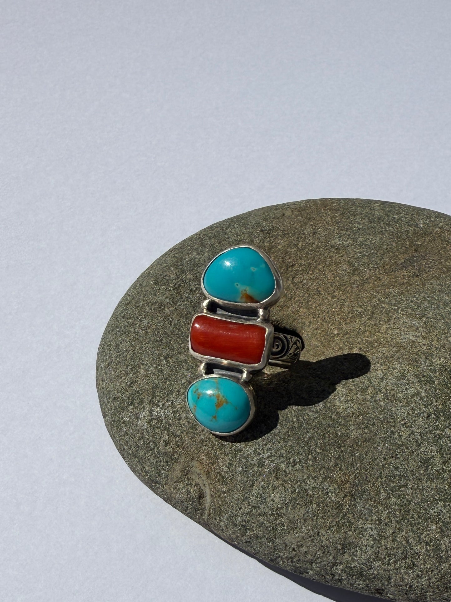 River + Flame Ring: Teghut Mine Turquoise & Italian Red Coral - size 6.5