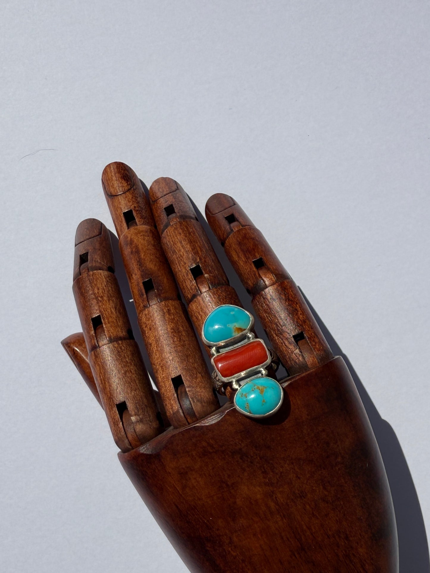 River + Flame Ring: Teghut Mine Turquoise & Italian Red Coral - size 6.5