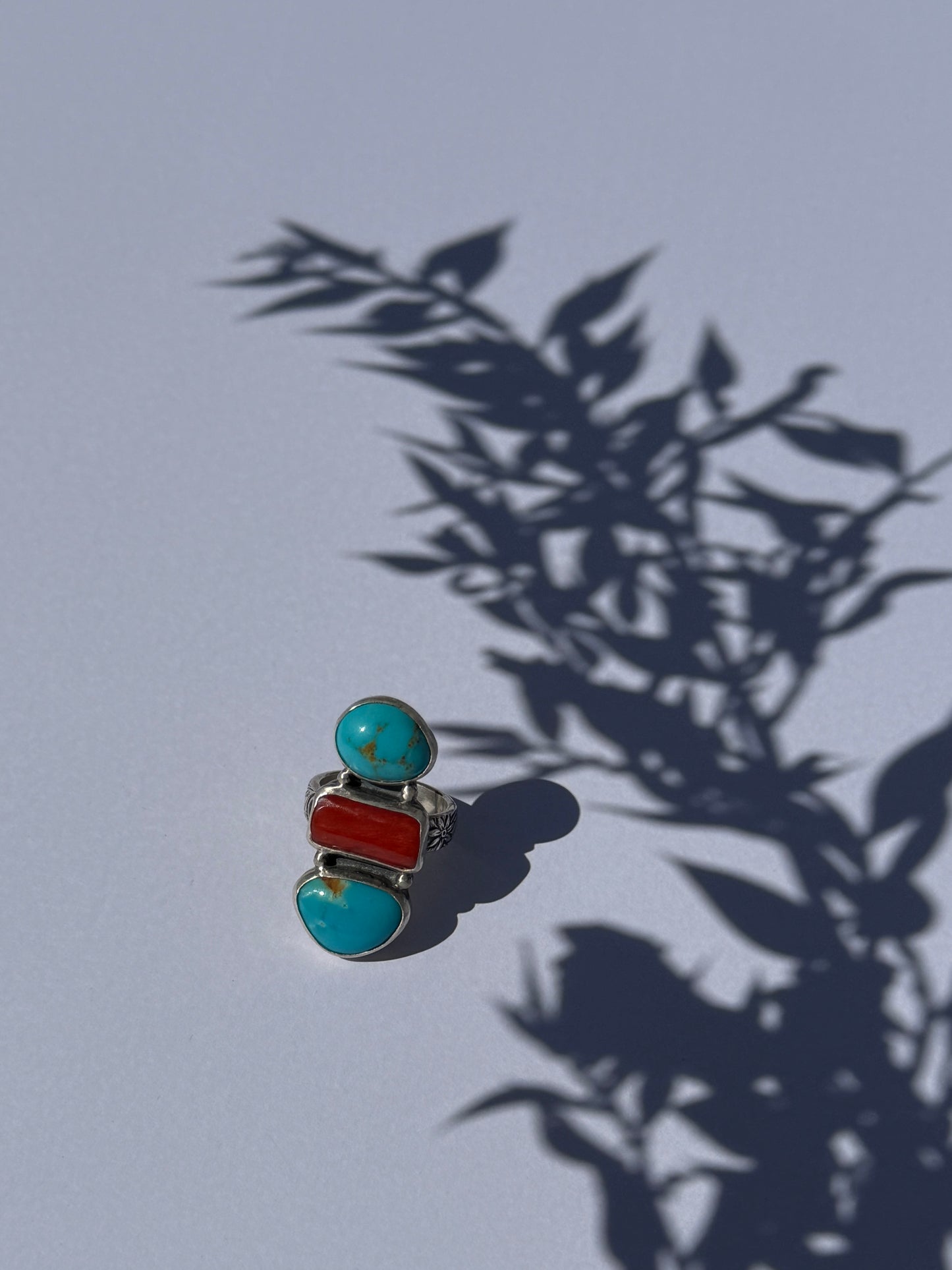 River + Flame Ring: Teghut Mine Turquoise & Italian Red Coral - size 6.5