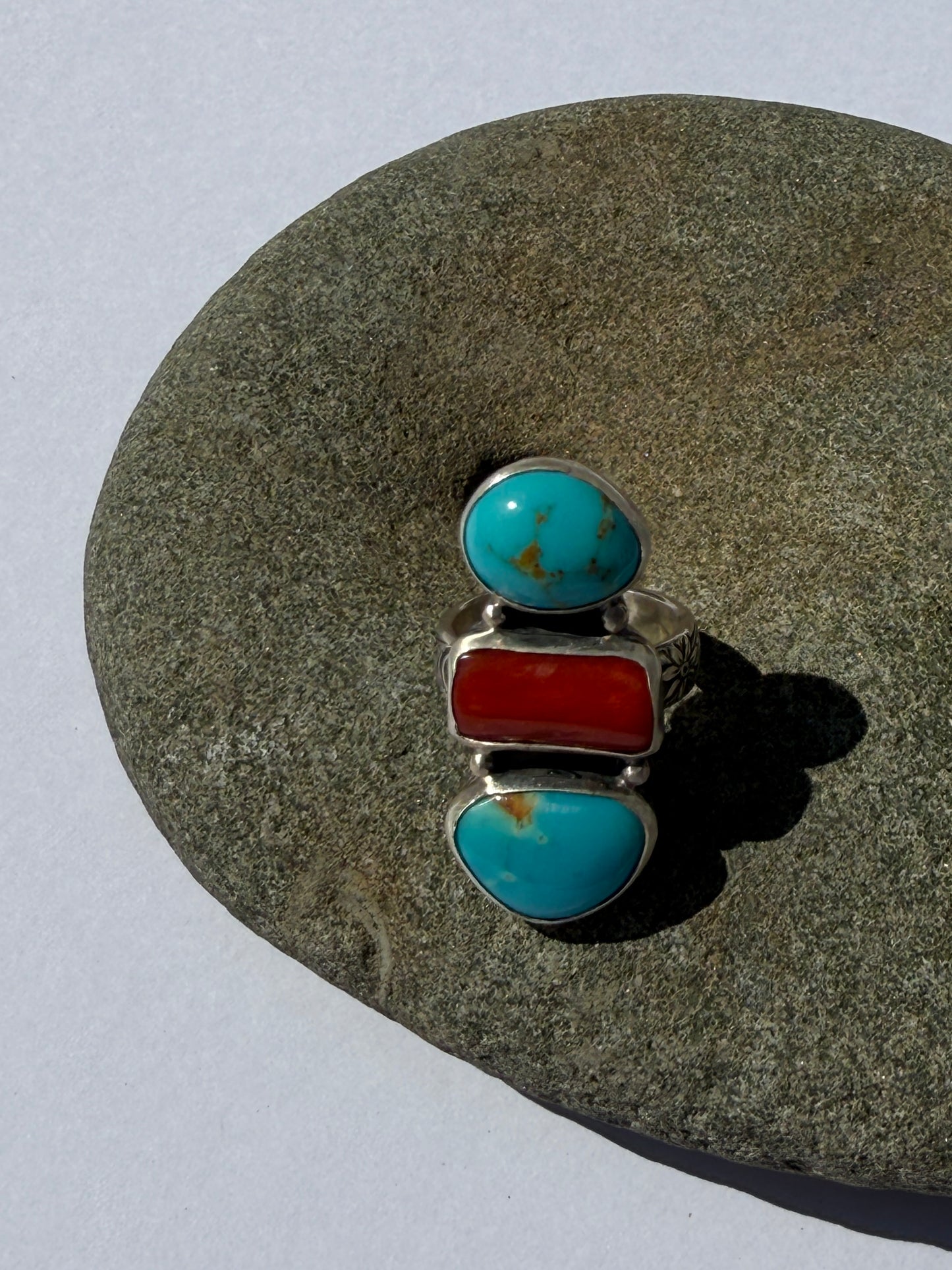 River + Flame Ring: Teghut Mine Turquoise & Italian Red Coral - size 6.5