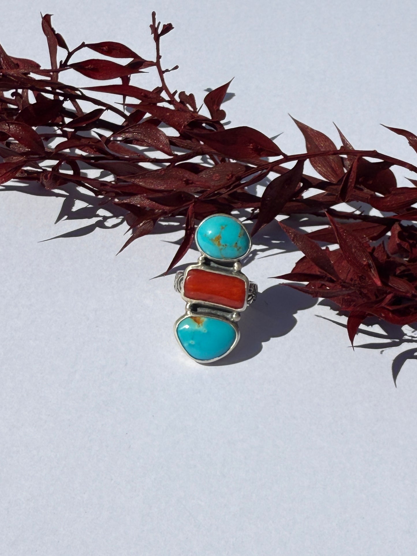 River + Flame Ring: Teghut Mine Turquoise & Italian Red Coral - size 6.5
