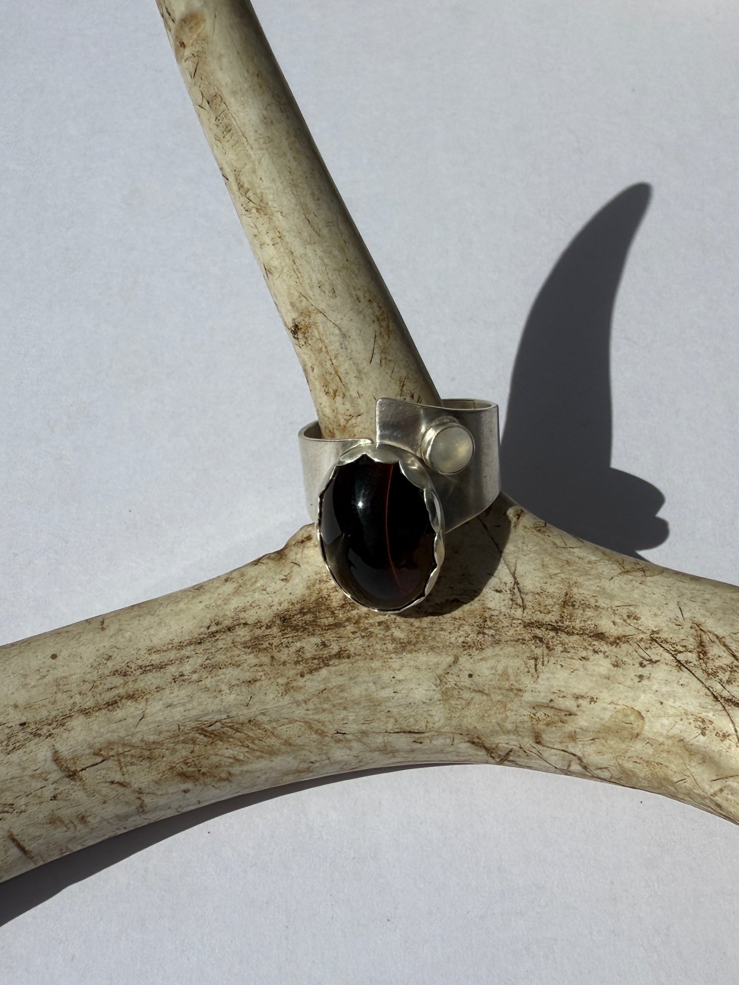 Solstice Balance Ring: Sterling Silver and Tiger Eye & Moonstone- size 11.5