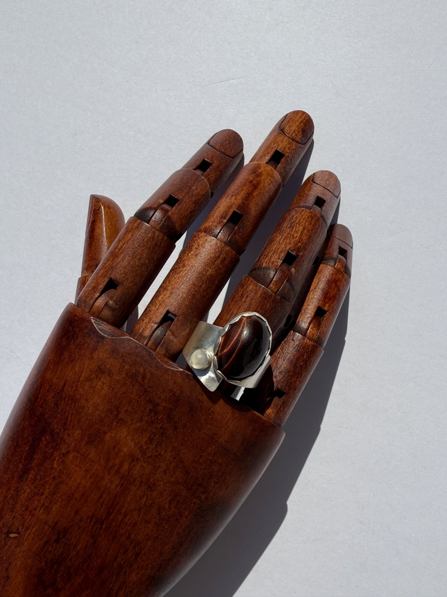 Solstice Balance Ring: Sterling Silver and Tiger Eye & Moonstone- size 11.5