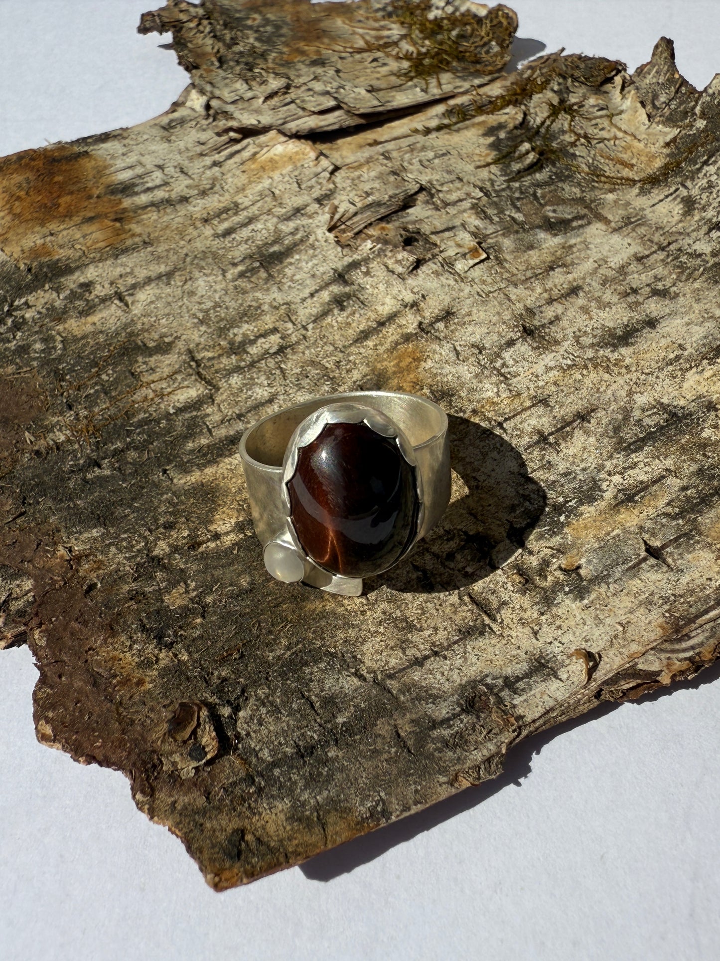 Solstice Balance Ring: Sterling Silver and Tiger Eye & Moonstone- size 11.5