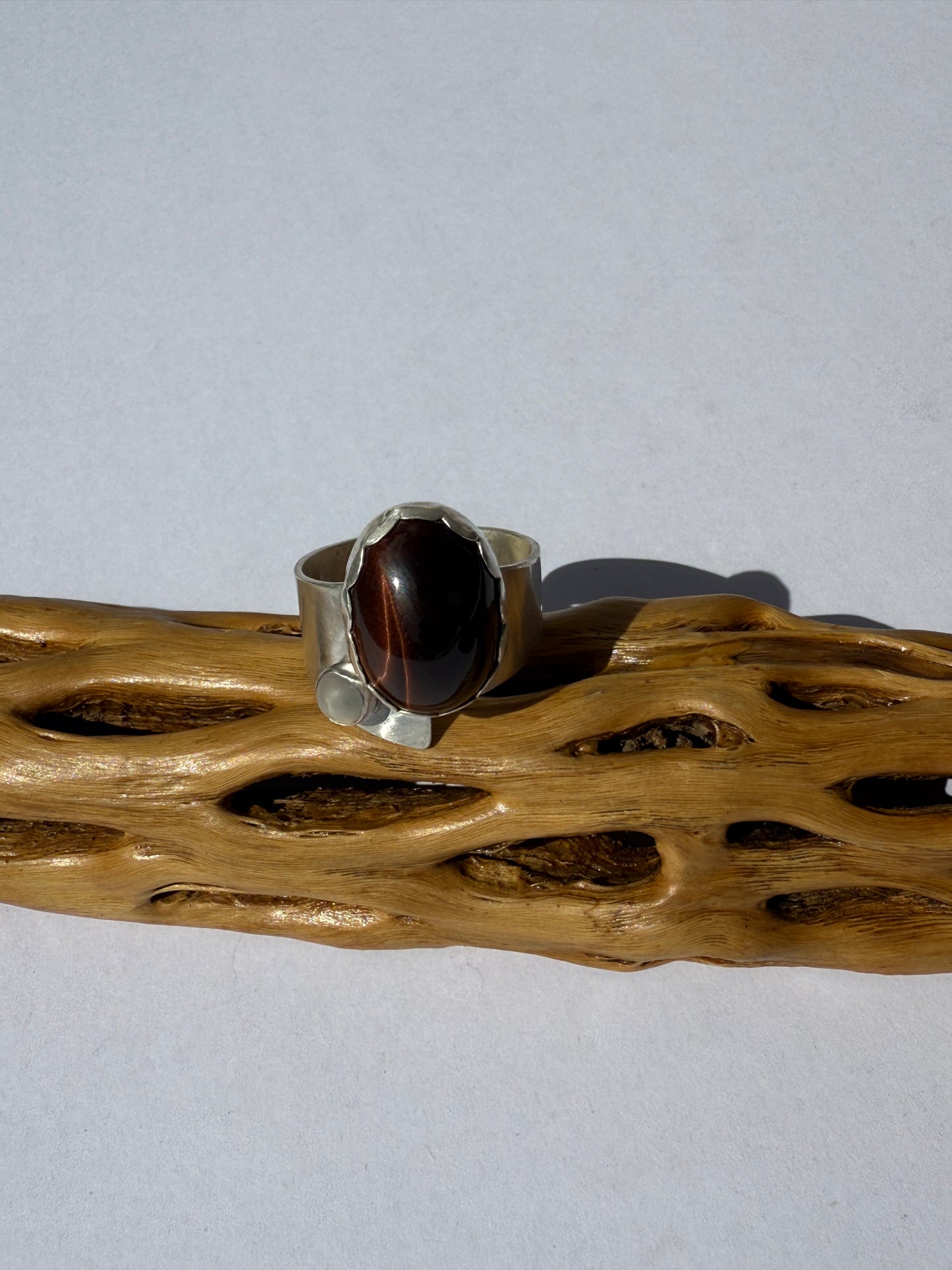Solstice Balance Ring: Sterling Silver and Tiger Eye & Moonstone- size 11.5