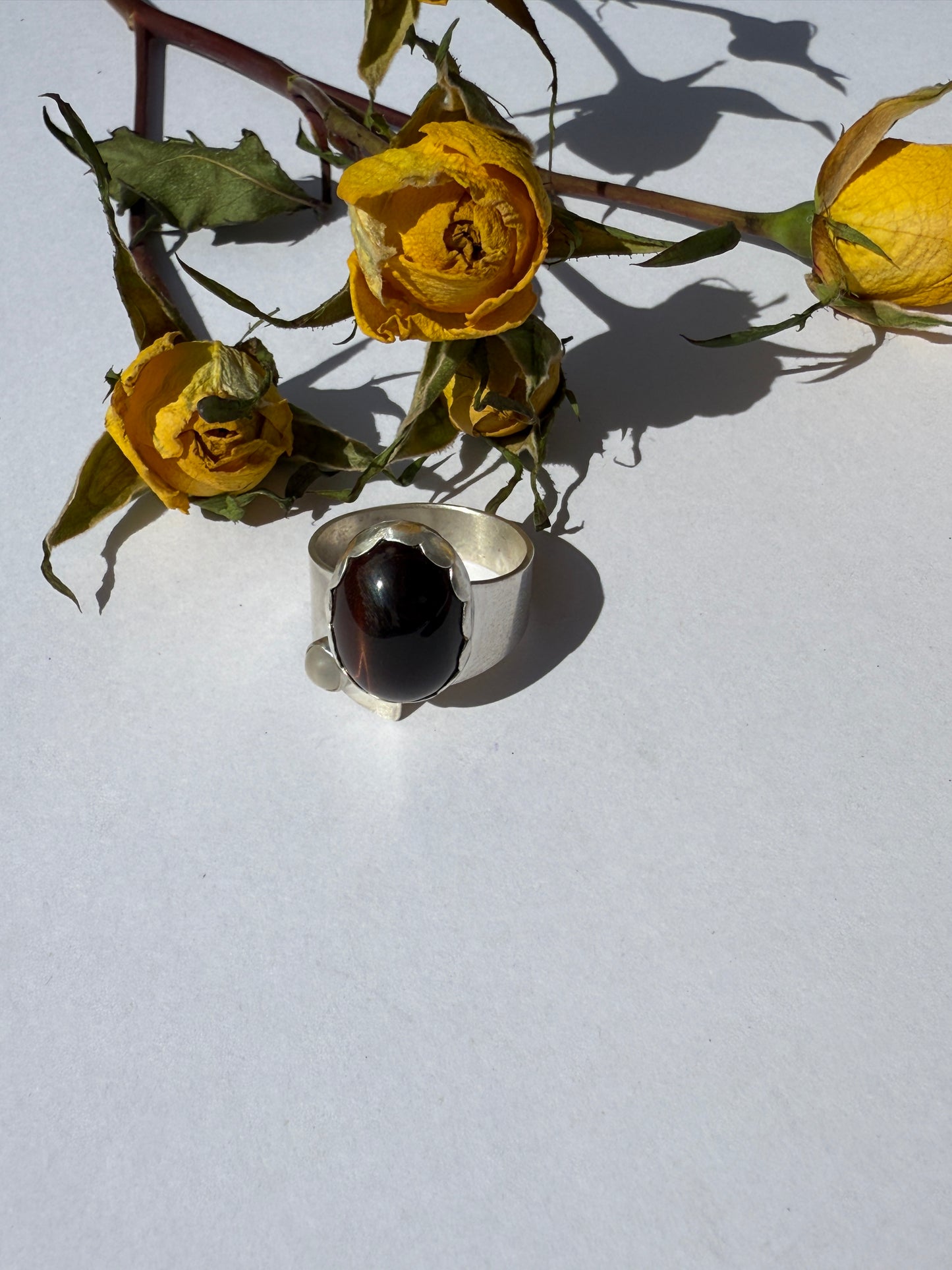 Solstice Balance Ring: Sterling Silver and Tiger Eye & Moonstone- size 11.5