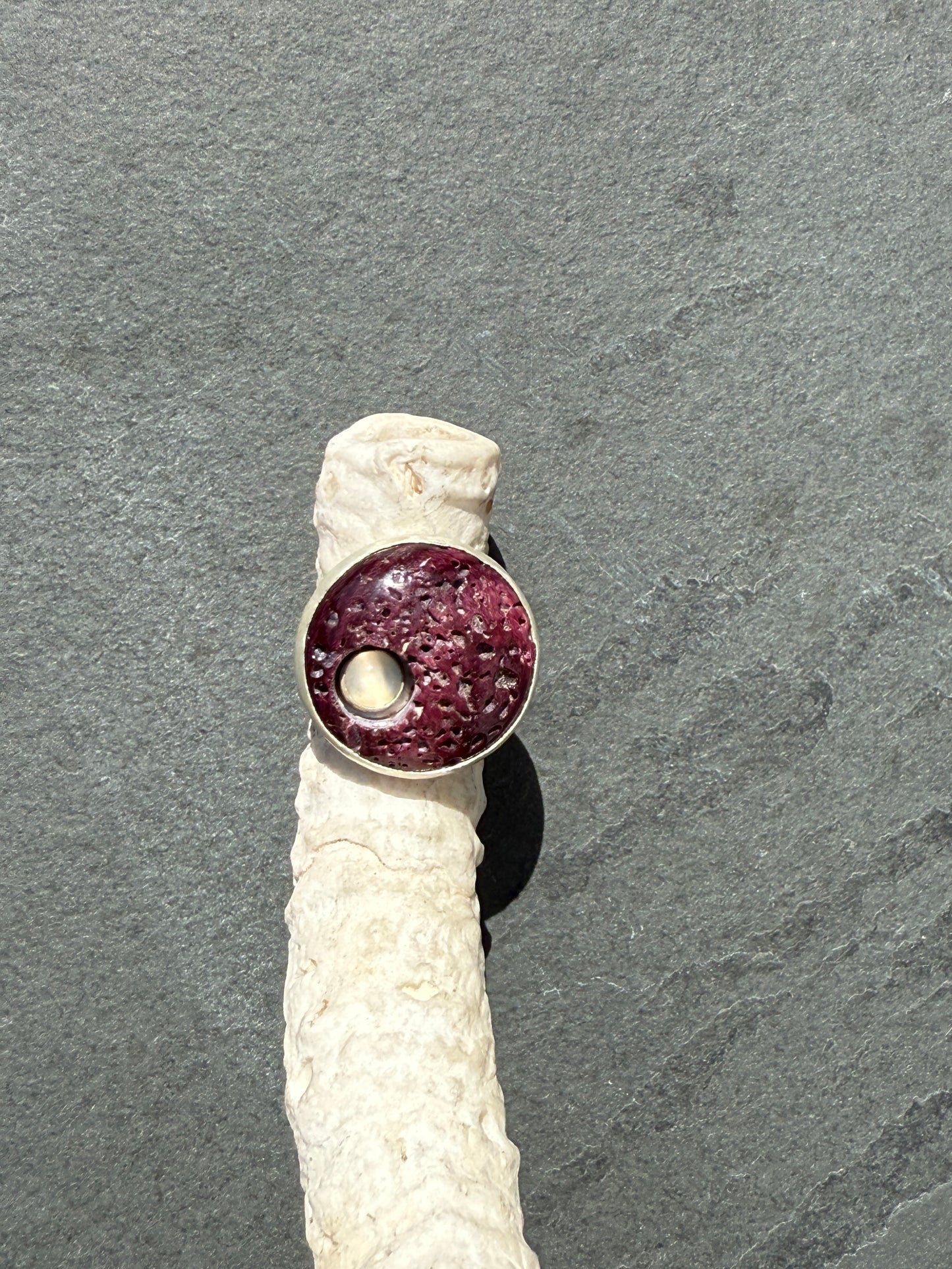 Celestial Fusion Ring: Sterling Silver, Purple Spiny Oyster & Moonstone - size 5.75