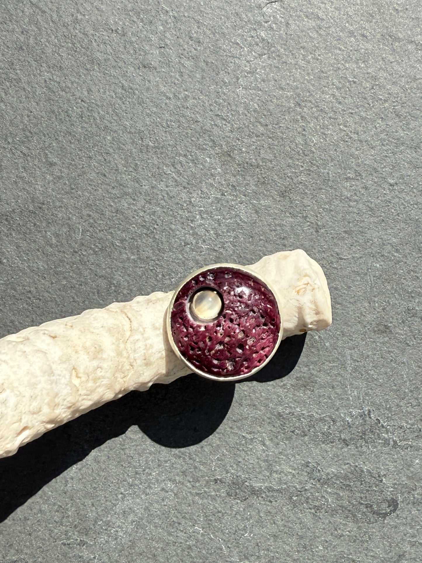 Celestial Fusion Ring: Sterling Silver, Purple Spiny Oyster & Moonstone - size 5.75