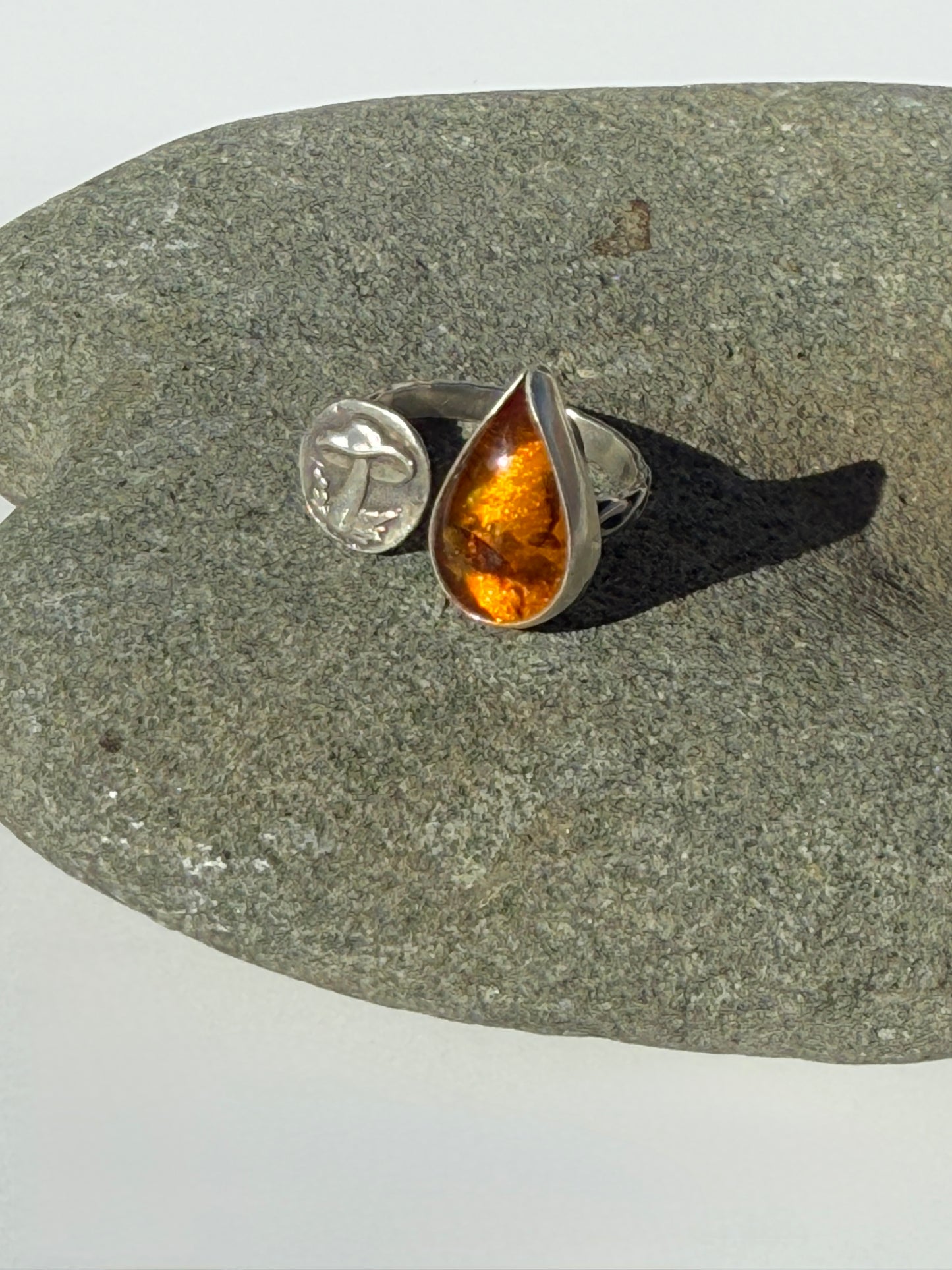 Hidden Golden Mushroom Ring: Sterling Silver & Baltic Amber- size 8.5