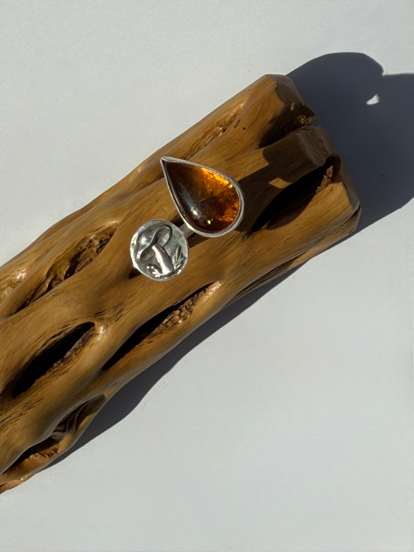 Hidden Golden Mushroom Ring: Sterling Silver & Baltic Amber- size 8.5