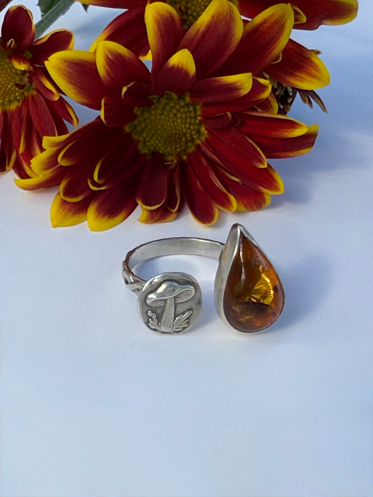 Hidden Golden Mushroom Ring: Sterling Silver & Baltic Amber- size 8.5