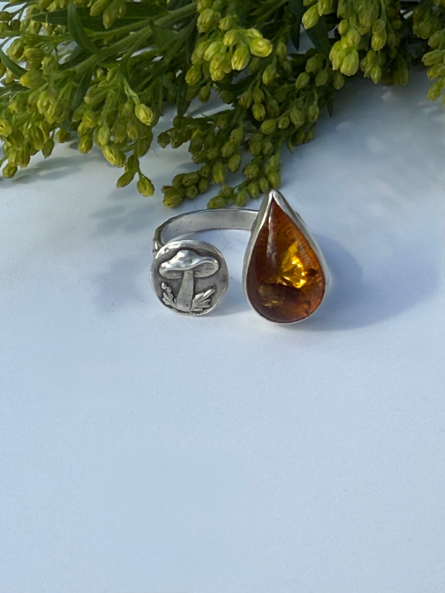 Hidden Golden Mushroom Ring: Sterling Silver & Baltic Amber- size 8.5
