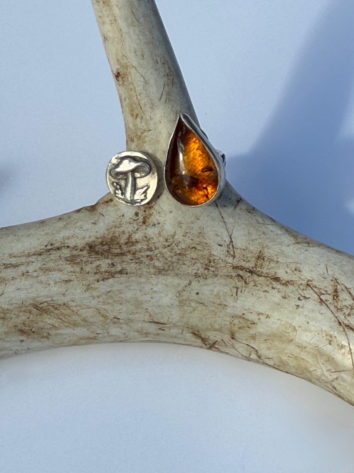 Hidden Golden Mushroom Ring: Sterling Silver & Baltic Amber- size 8.5