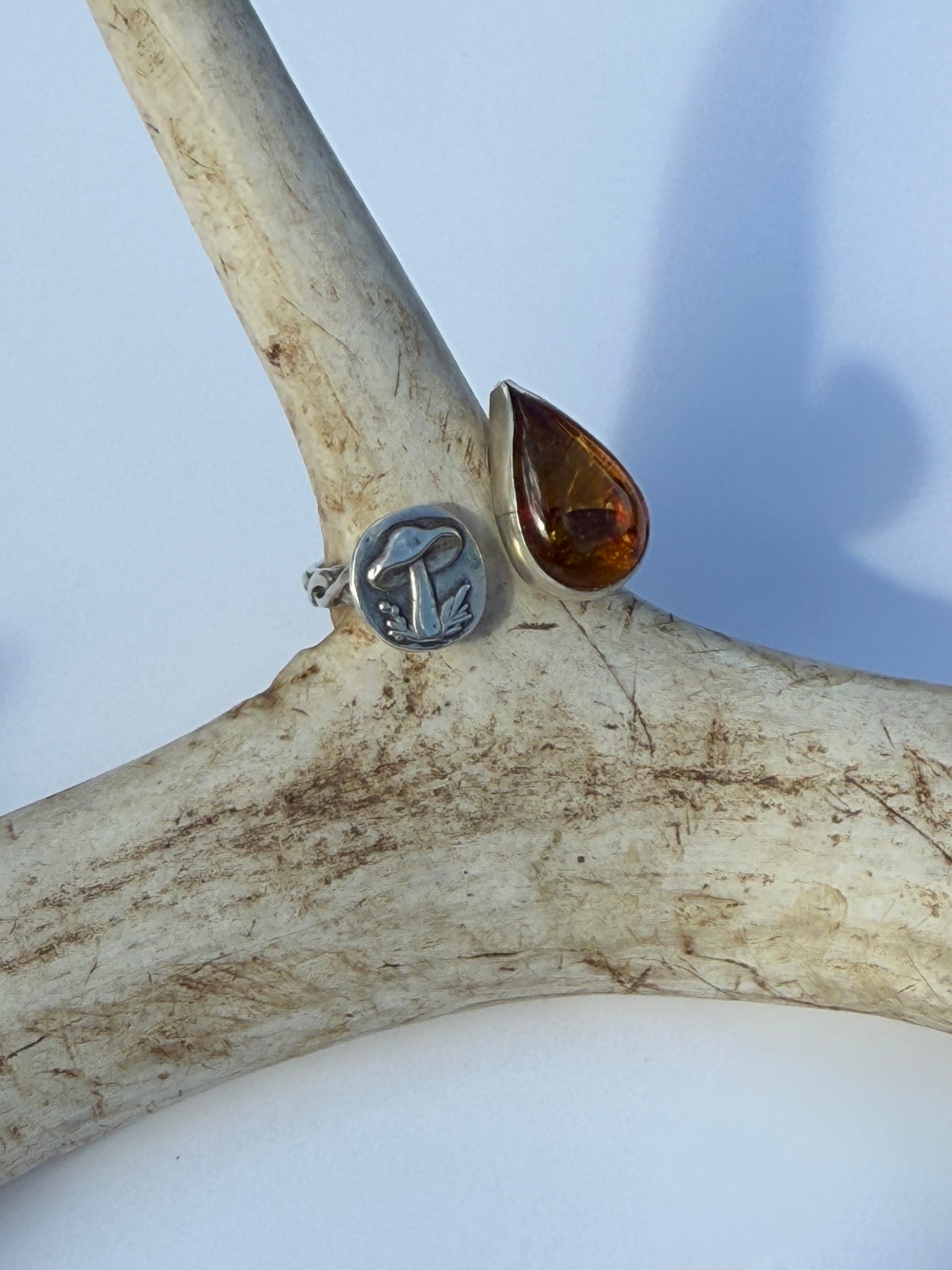 Hidden Golden Mushroom Ring: Sterling Silver & Baltic Amber- size 8.5