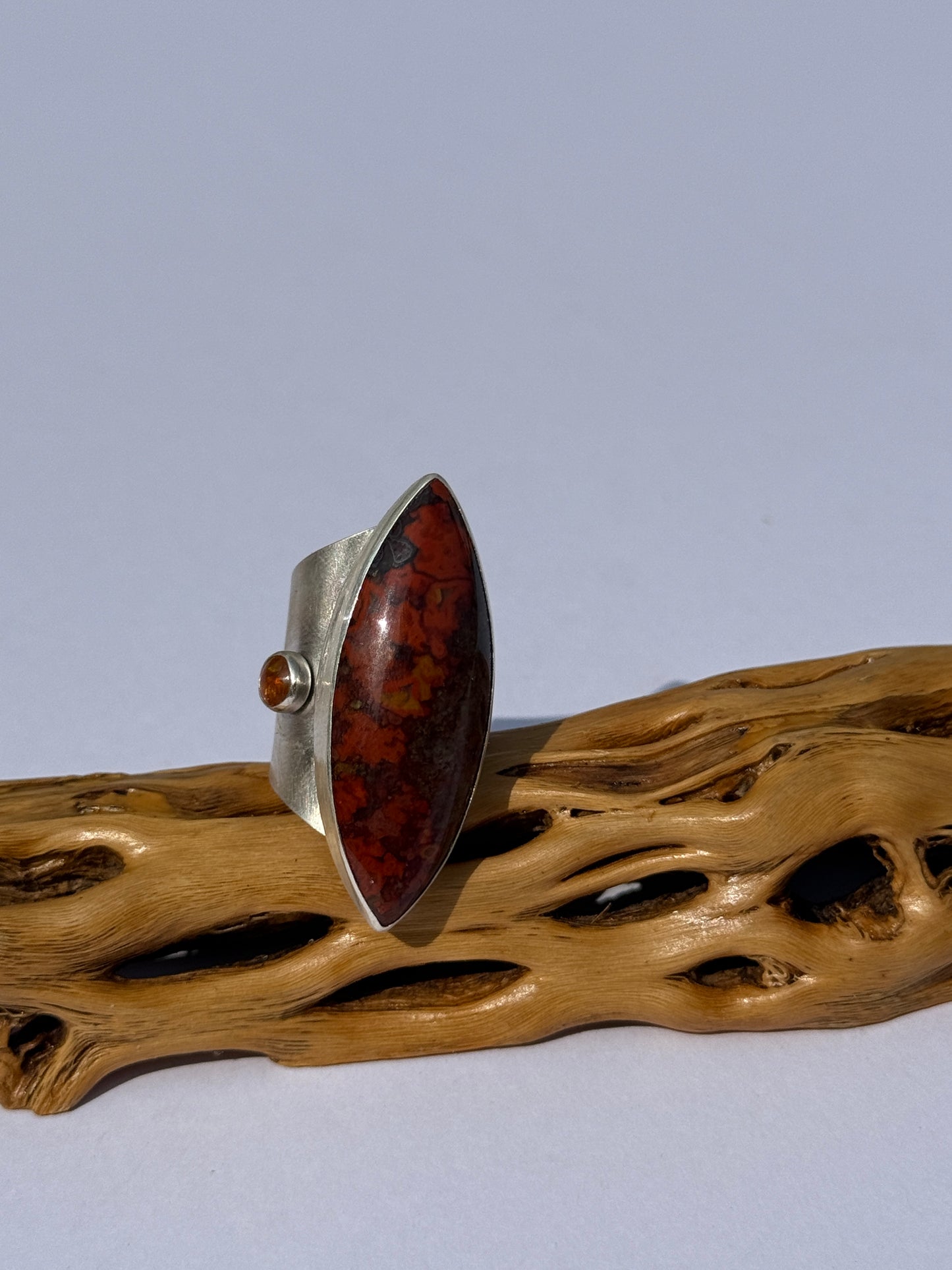 Golden Mesa Ring: Sterling Silver & Moroccan Seam Agate & Baltic Amber - size 5.5