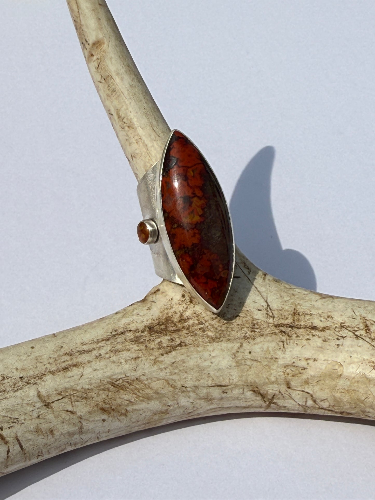 Golden Mesa Ring: Sterling Silver & Moroccan Seam Agate & Baltic Amber - size 5.5
