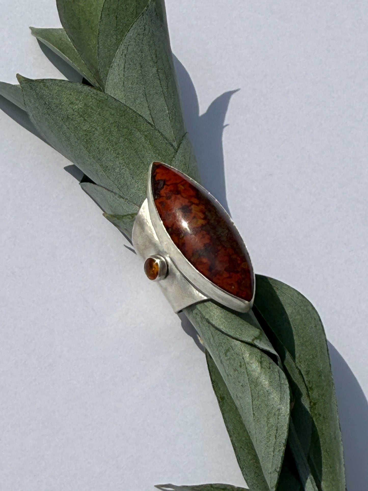 Golden Mesa Ring: Sterling Silver & Moroccan Seam Agate & Baltic Amber - size 5.5