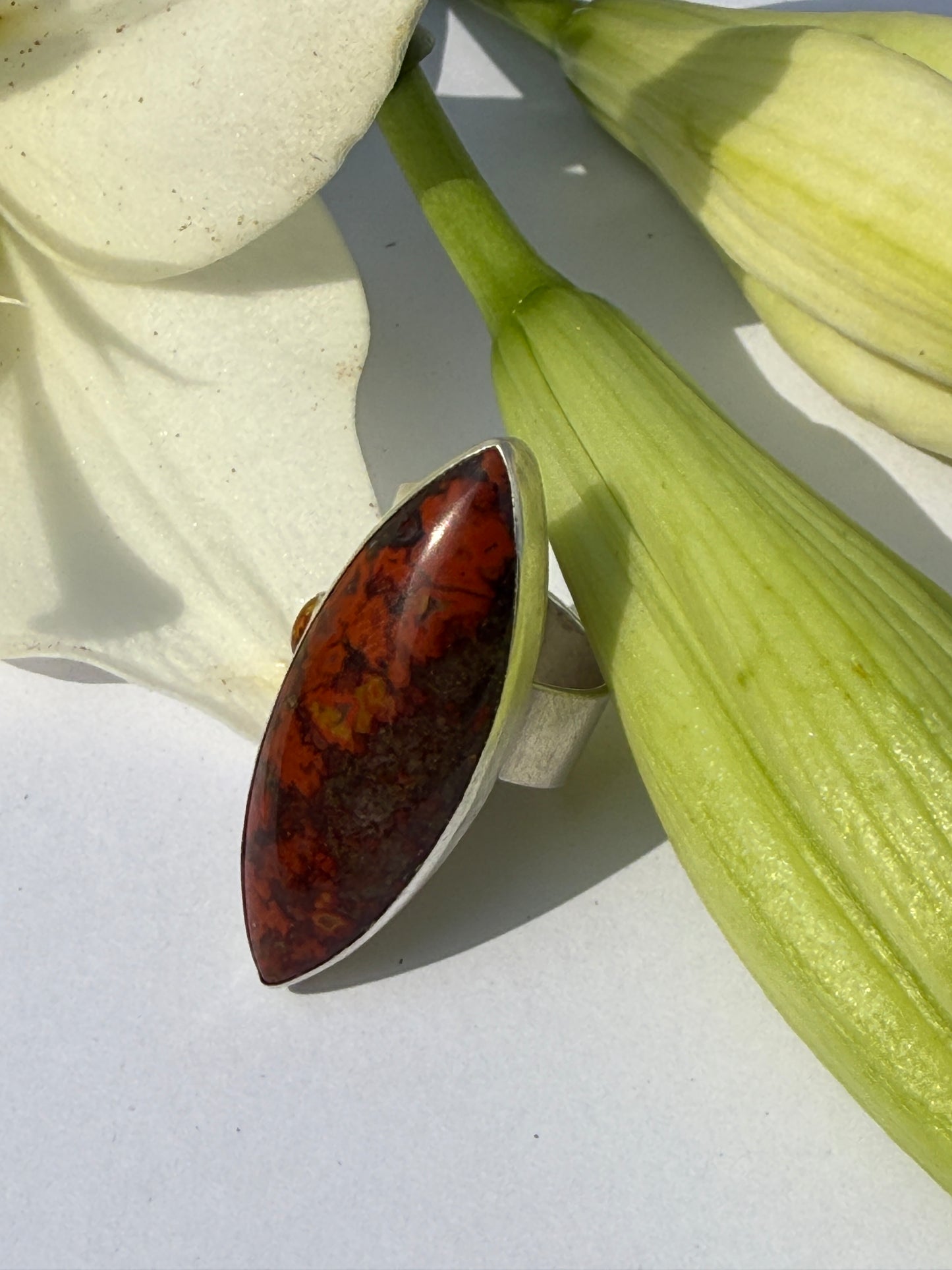 Golden Mesa Ring: Sterling Silver & Moroccan Seam Agate & Baltic Amber - size 5.5