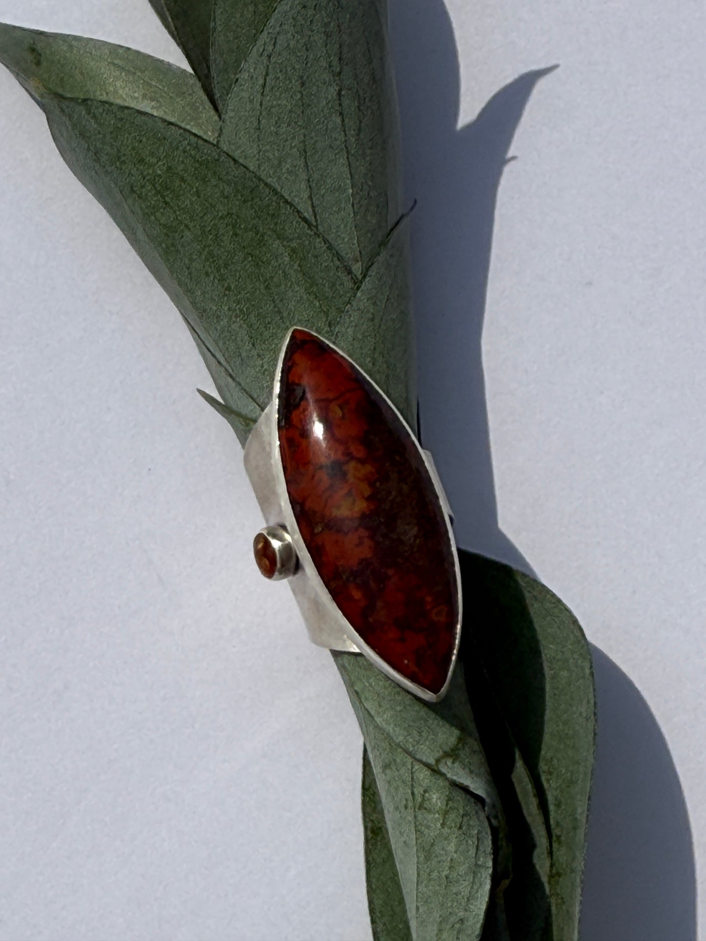 Golden Mesa Ring: Sterling Silver & Moroccan Seam Agate & Baltic Amber - size 5.5