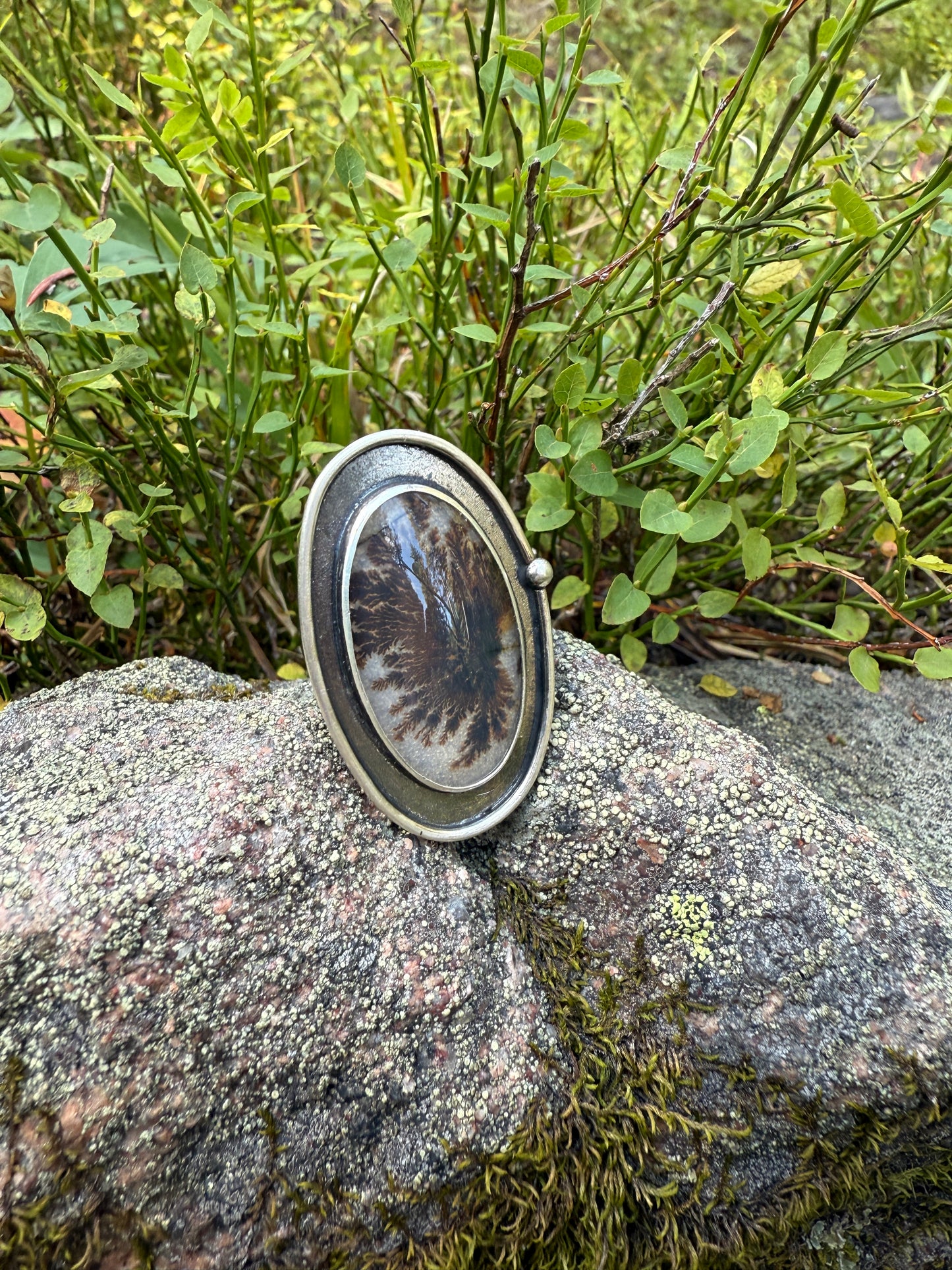 Stillwood Ring: Sterling Silver & Dendritic Agate Shadowbox - size 7