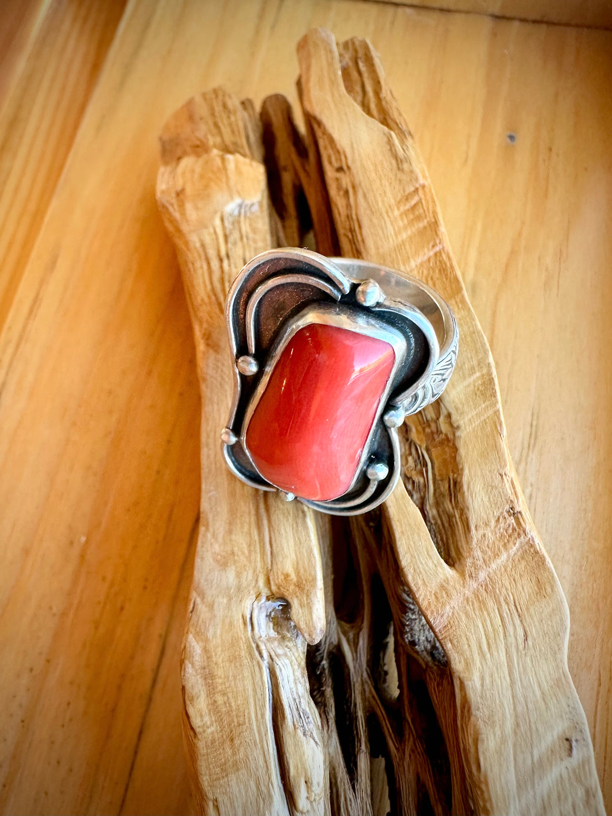 Ember Crown Ring: Red Coral & Sterling Silver - size 9