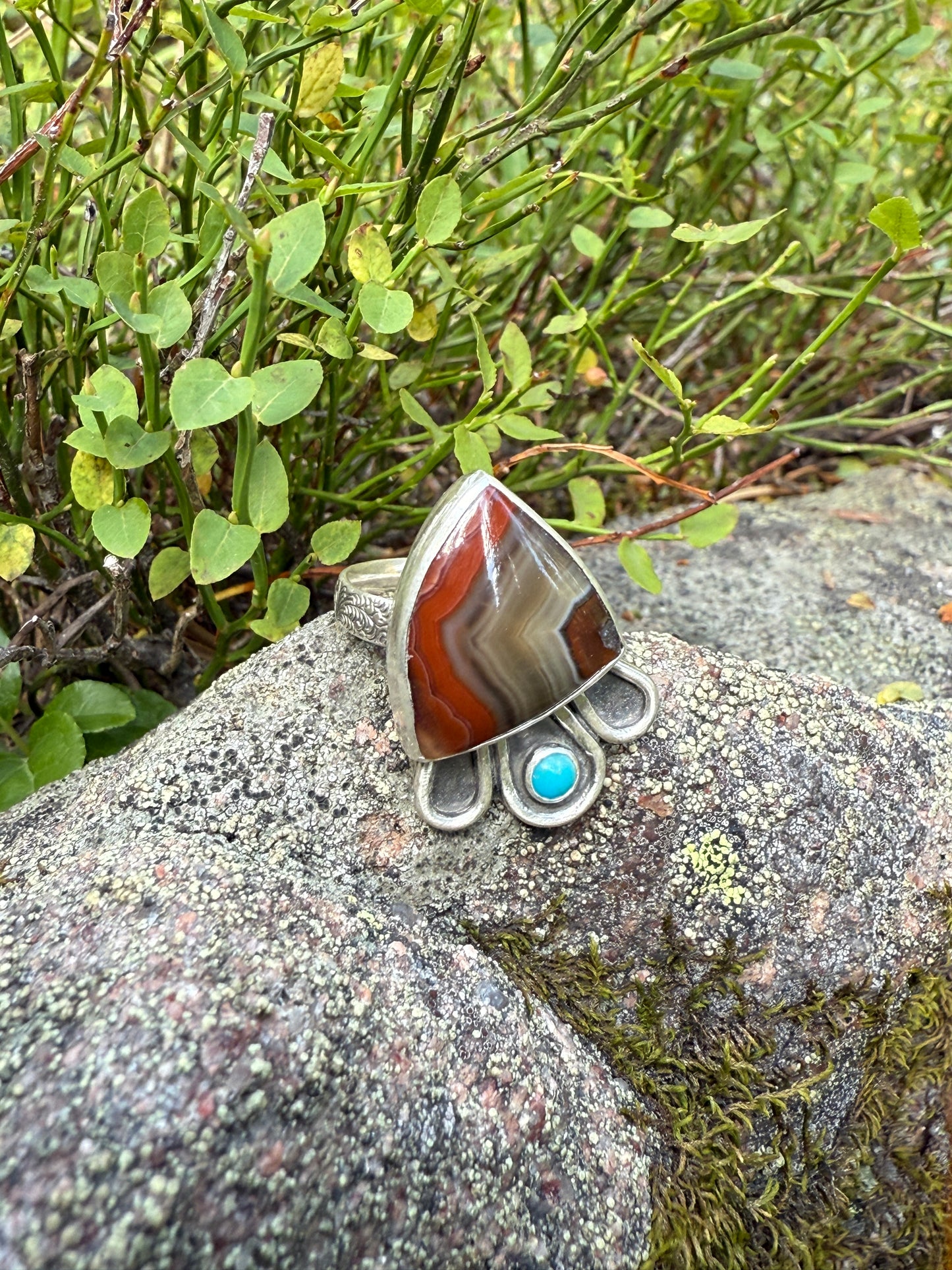 Desert Canyon Ring: Sterling Silver & Banded Agate & Kingman Turquoise - size 7.25