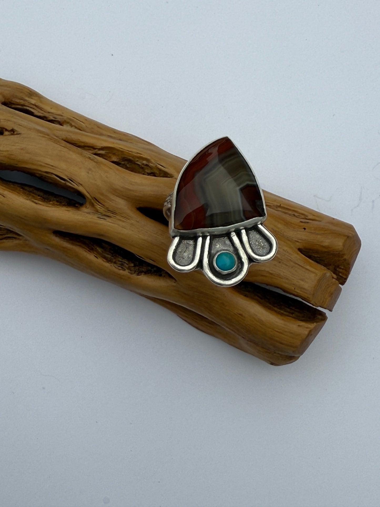 Desert Canyon Ring: Sterling Silver & Banded Agate & Kingman Turquoise - size 7.25