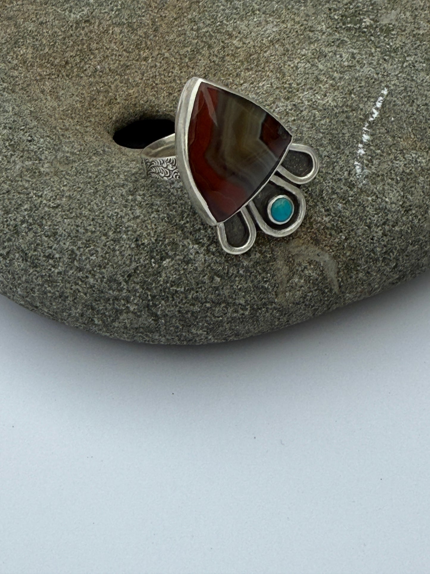 Desert Canyon Ring: Sterling Silver & Banded Agate & Kingman Turquoise - size 7.25