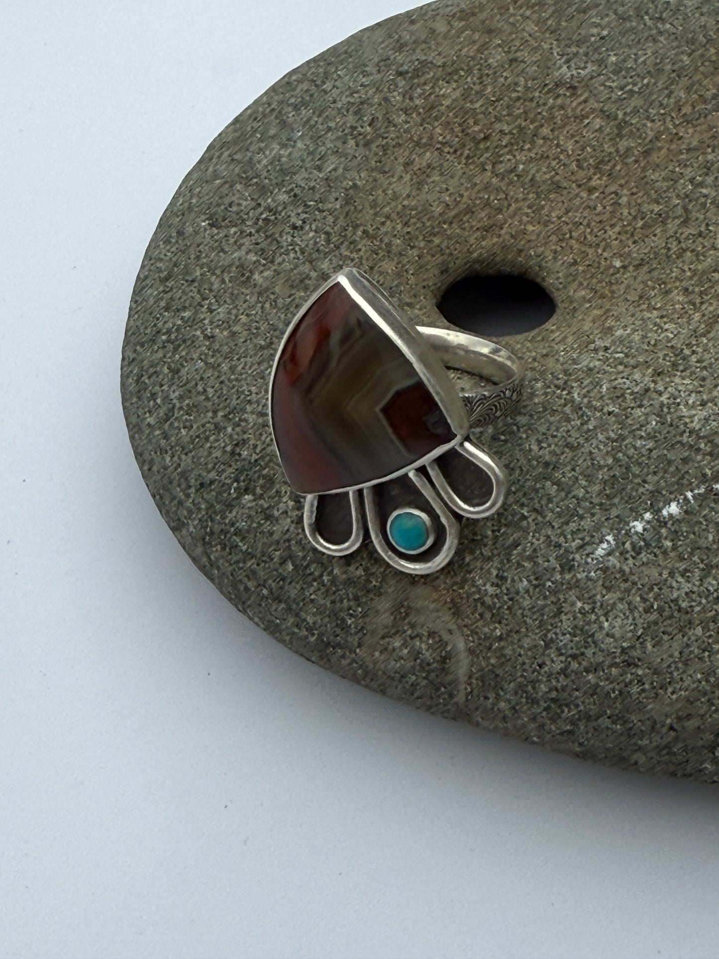 Desert Canyon Ring: Sterling Silver & Banded Agate & Kingman Turquoise - size 7.25