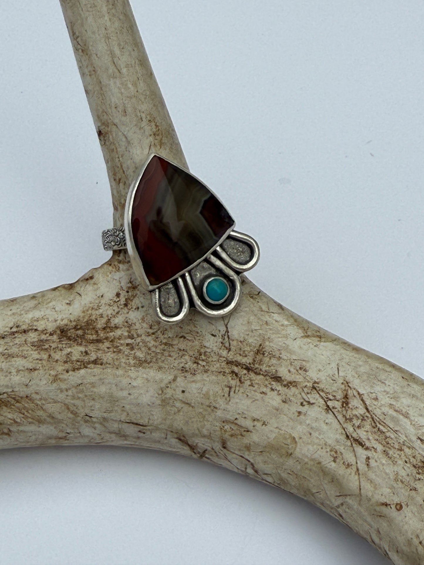 Desert Canyon Ring: Sterling Silver & Banded Agate & Kingman Turquoise - size 7.25
